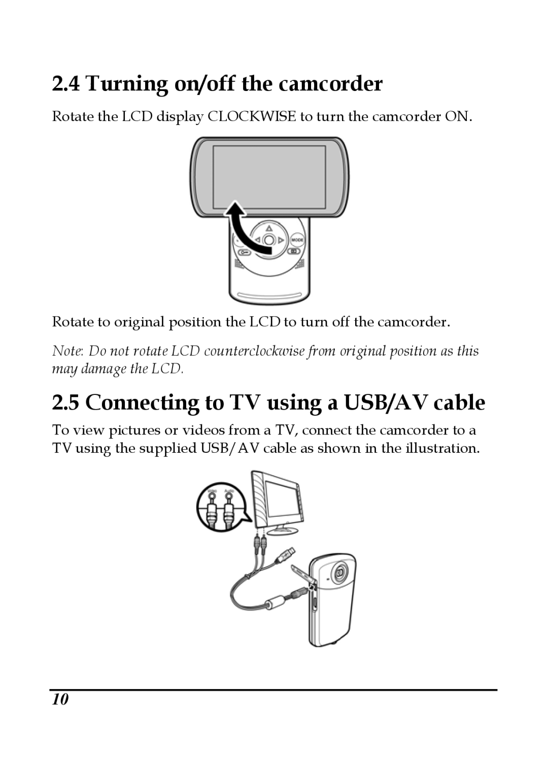 DXG Technology DXG-599V manual Turning on/off the camcorder, Connecting to TV using a USB/AV cable 