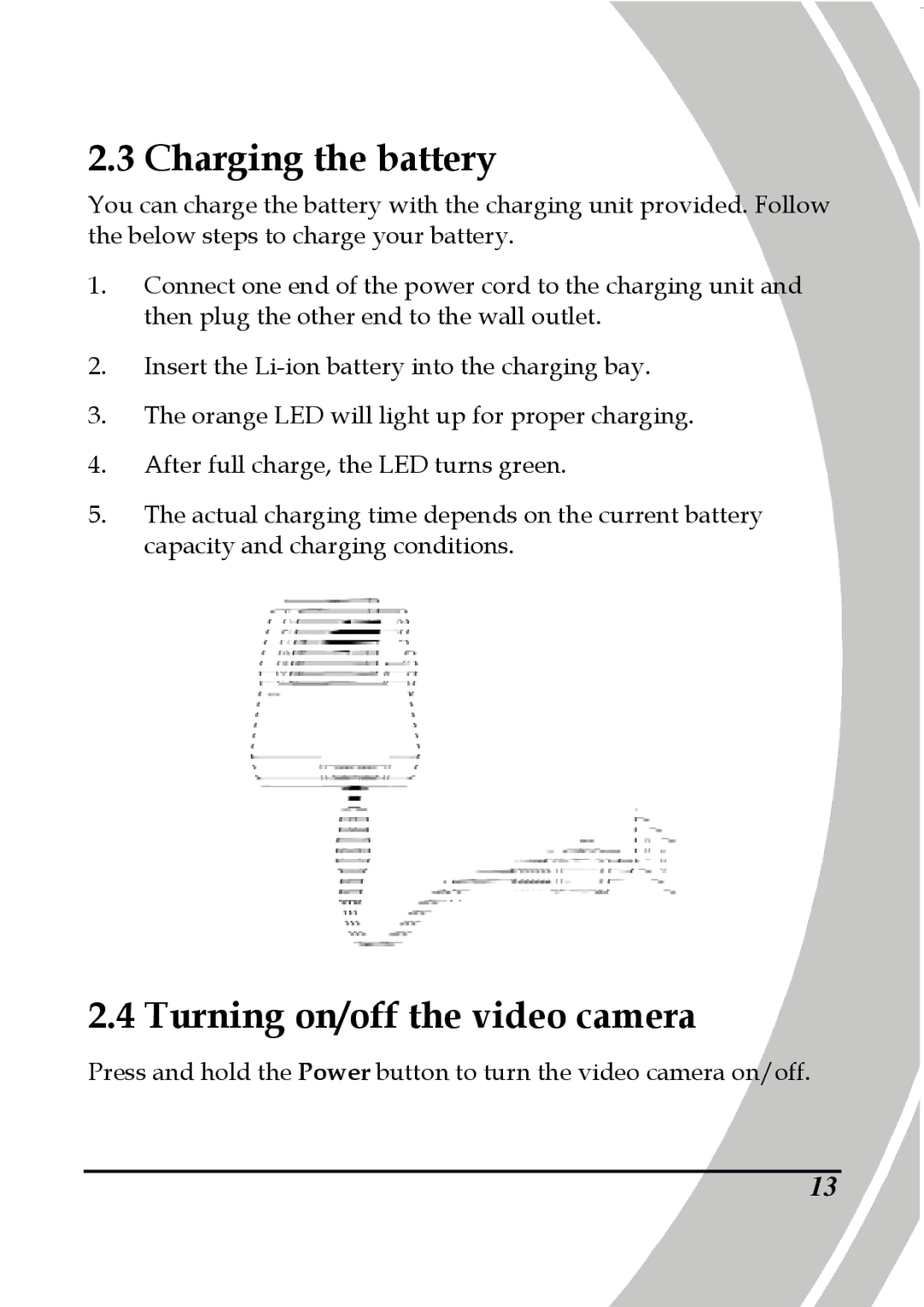 DXG Technology DXG-5B7V manual Charging the battery, Turning on/off the video camera 