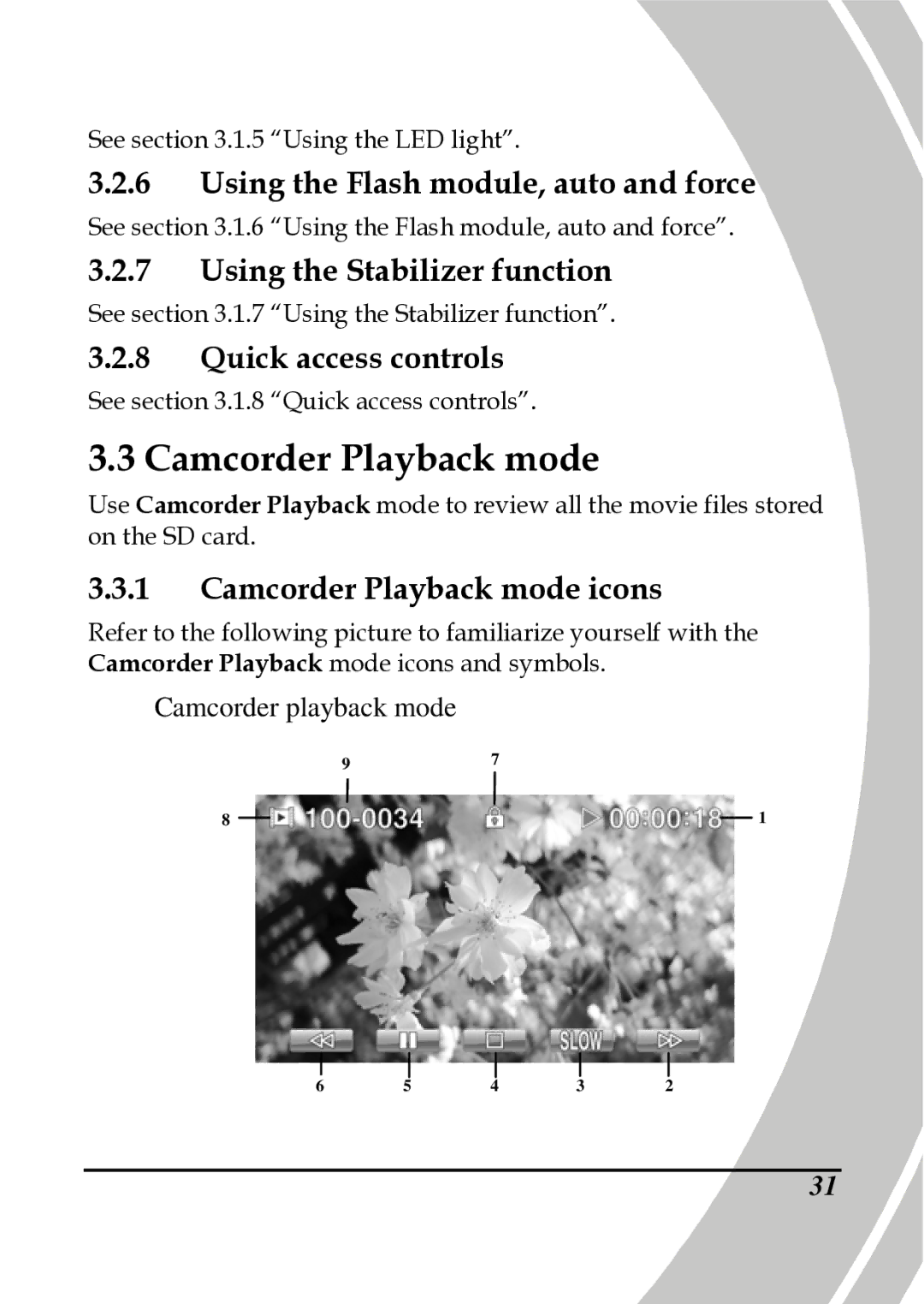 DXG Technology DXG-A85V HD manual Camcorder Playback mode icons 