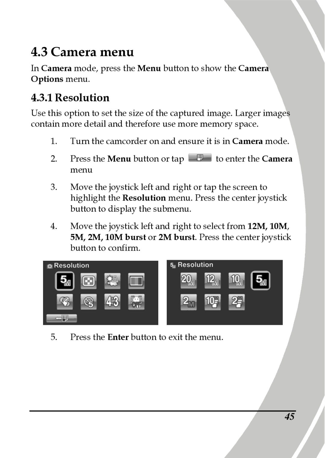 DXG Technology DXG-A85V HD manual Camera menu, Resolution 