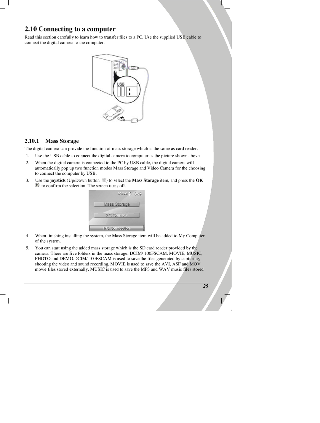 DXG Technology DXG Digital Camera manual Connecting to a computer, Mass Storage 