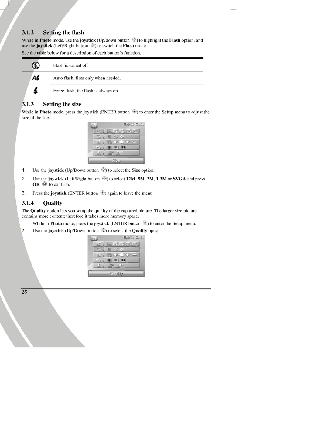 DXG Technology DXG Digital Camera manual Setting the flash, Setting the size, Quality 