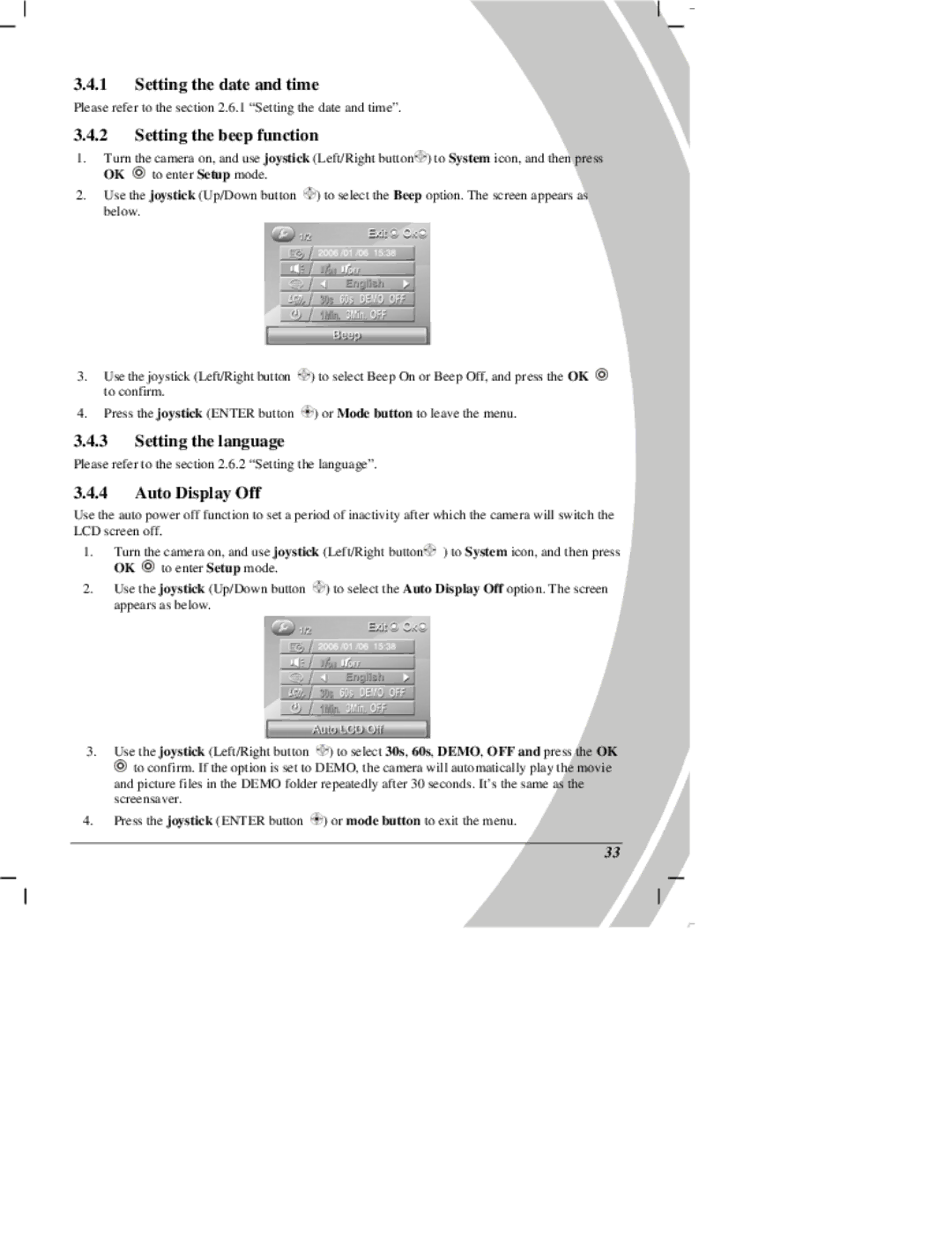 DXG Technology DXG Digital Camera manual Setting the beep function, Auto Display Off 