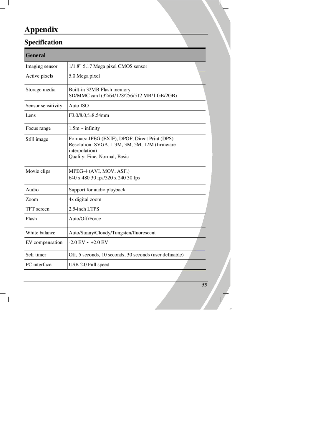 DXG Technology DXG Digital Camera manual Appendix, Specification, General 