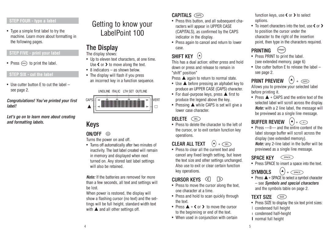 Dymo 100 manual Getting to know your LabelPoint, Display, Keys 