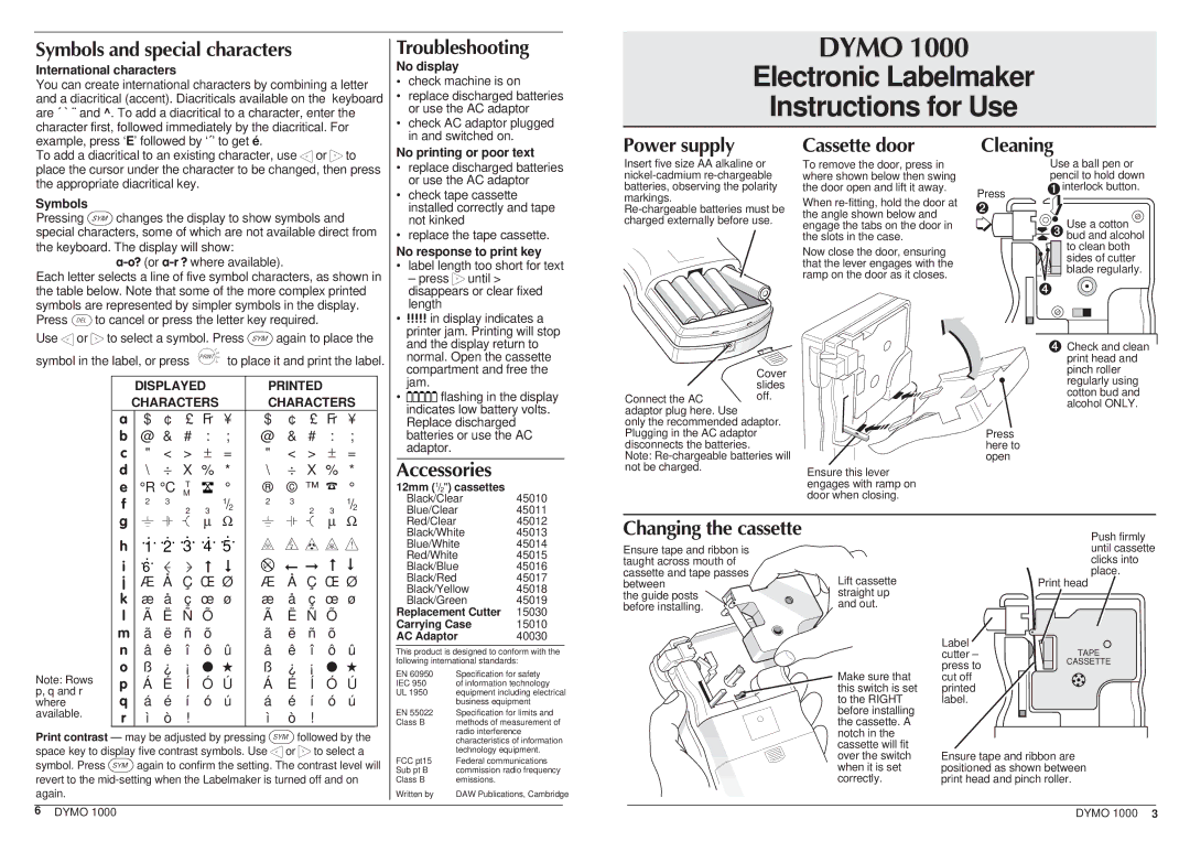 Dymo 1000 manual Symbols and special characters, Troubleshooting, Power supply, Cassette door, Cleaning, Accessories 