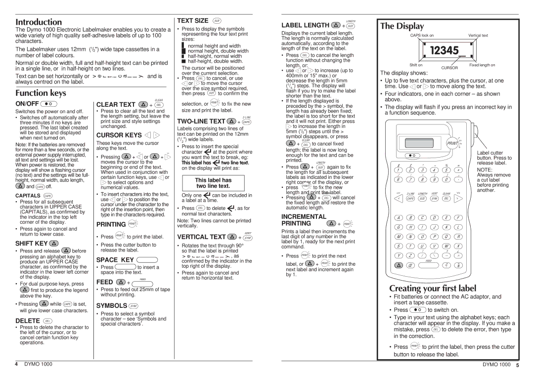 Dymo 1000 manual Introduction, Display, Function keys, Creating your first label 