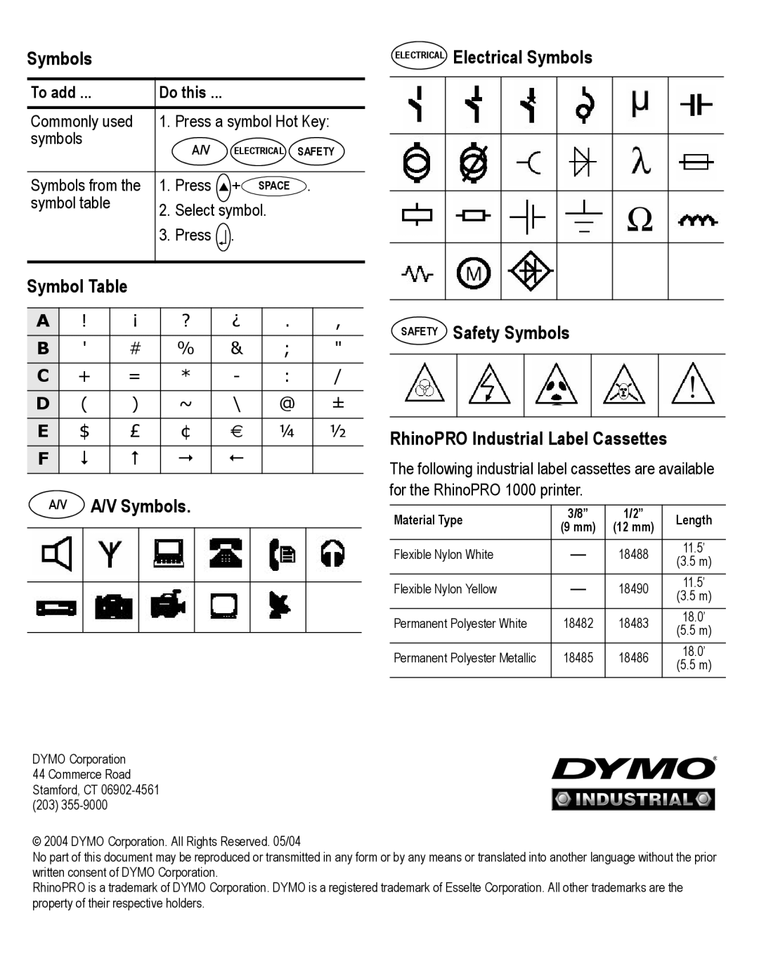 Dymo 1000 manual Electrical Electrical Symbols, Safety Safety Symbols RhinoPRO Industrial Label Cassettes 