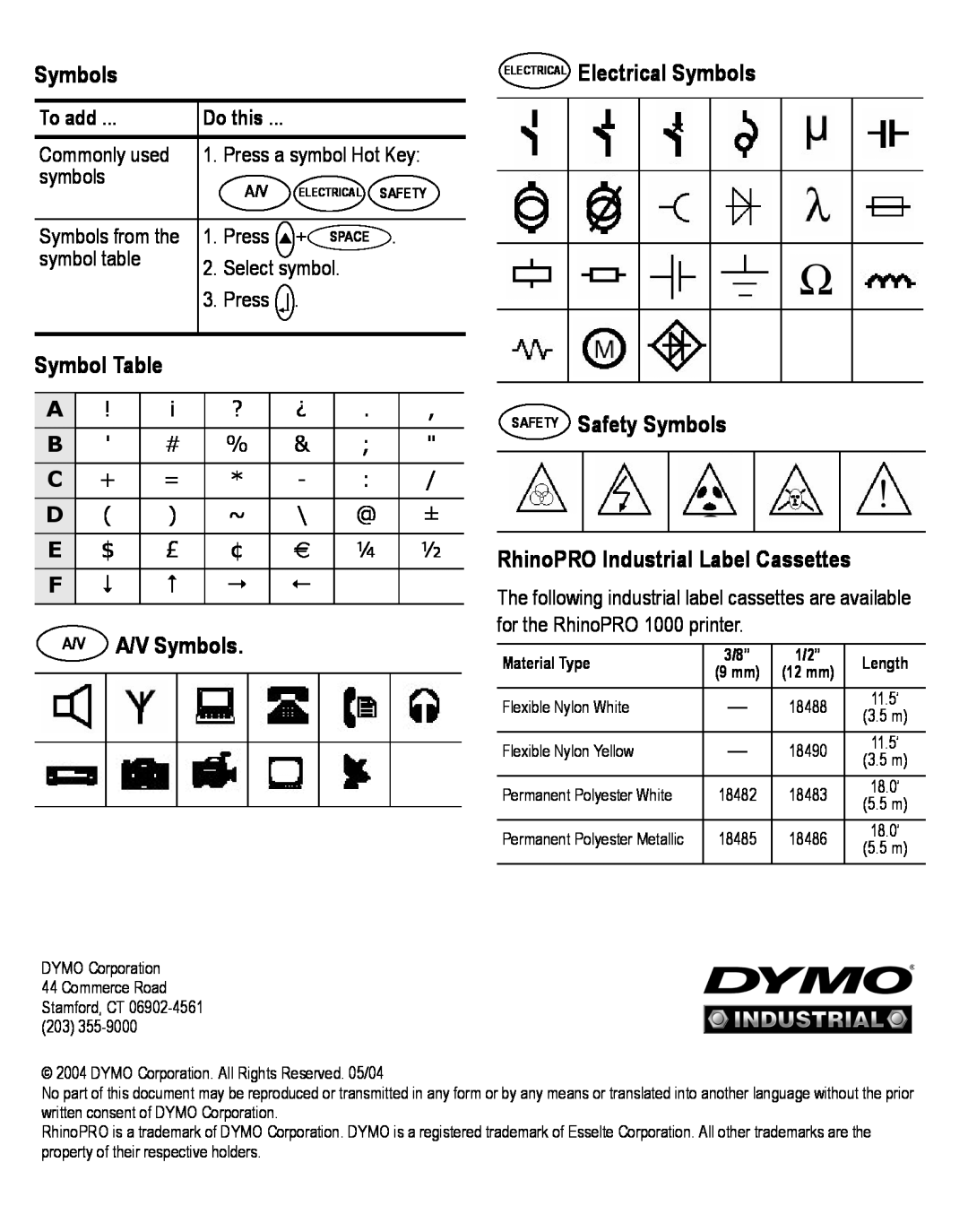 Dymo 1000 ELECTRICAL Electrical Symbols, A/V Symbols, SAFETY Safety Symbols RhinoPRO Industrial Label Cassettes, Do this 