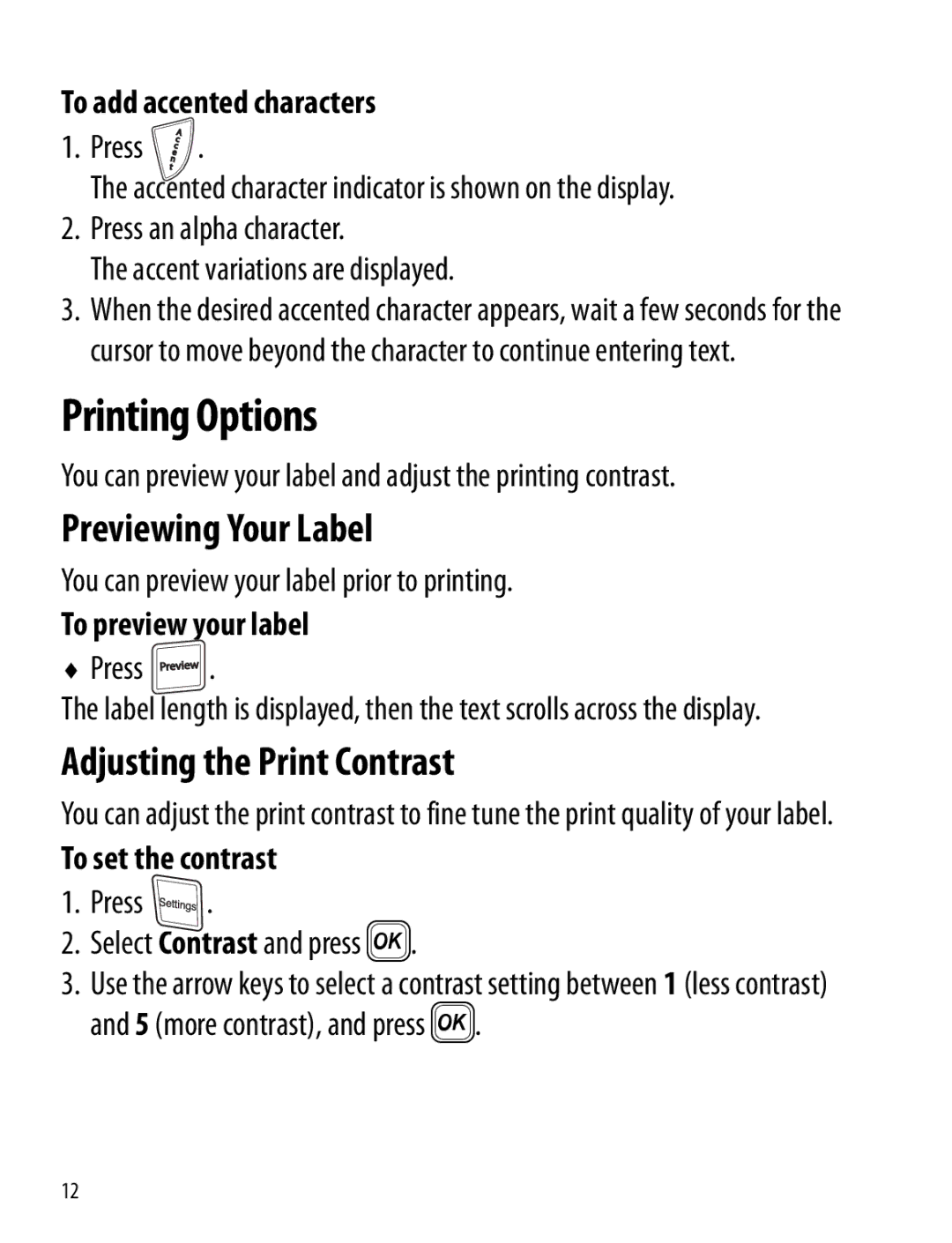 Dymo 120P manual Printing Options, Previewing Your Label, Adjusting the Print Contrast 