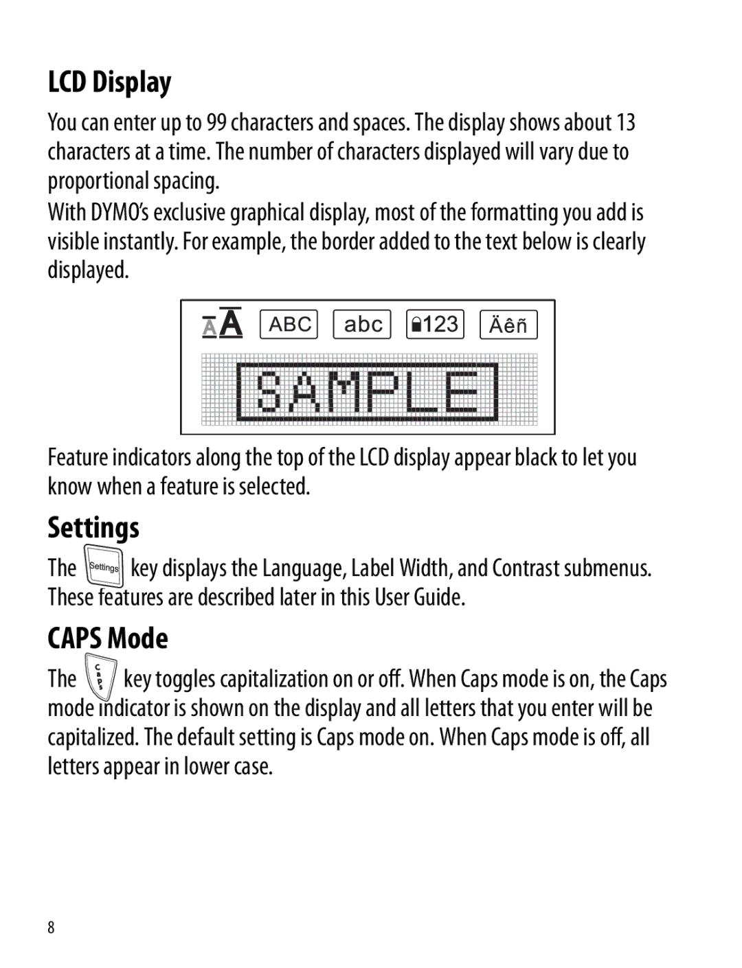 Dymo 120P manual LCD Display, Settings, Caps Mode 