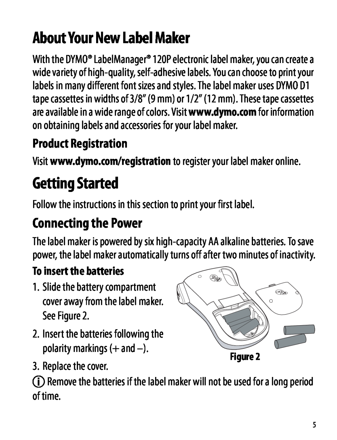 Dymo 120P About Your New Label Maker, Getting Started, Connecting the Power, To insert the batteries, Product Registration 