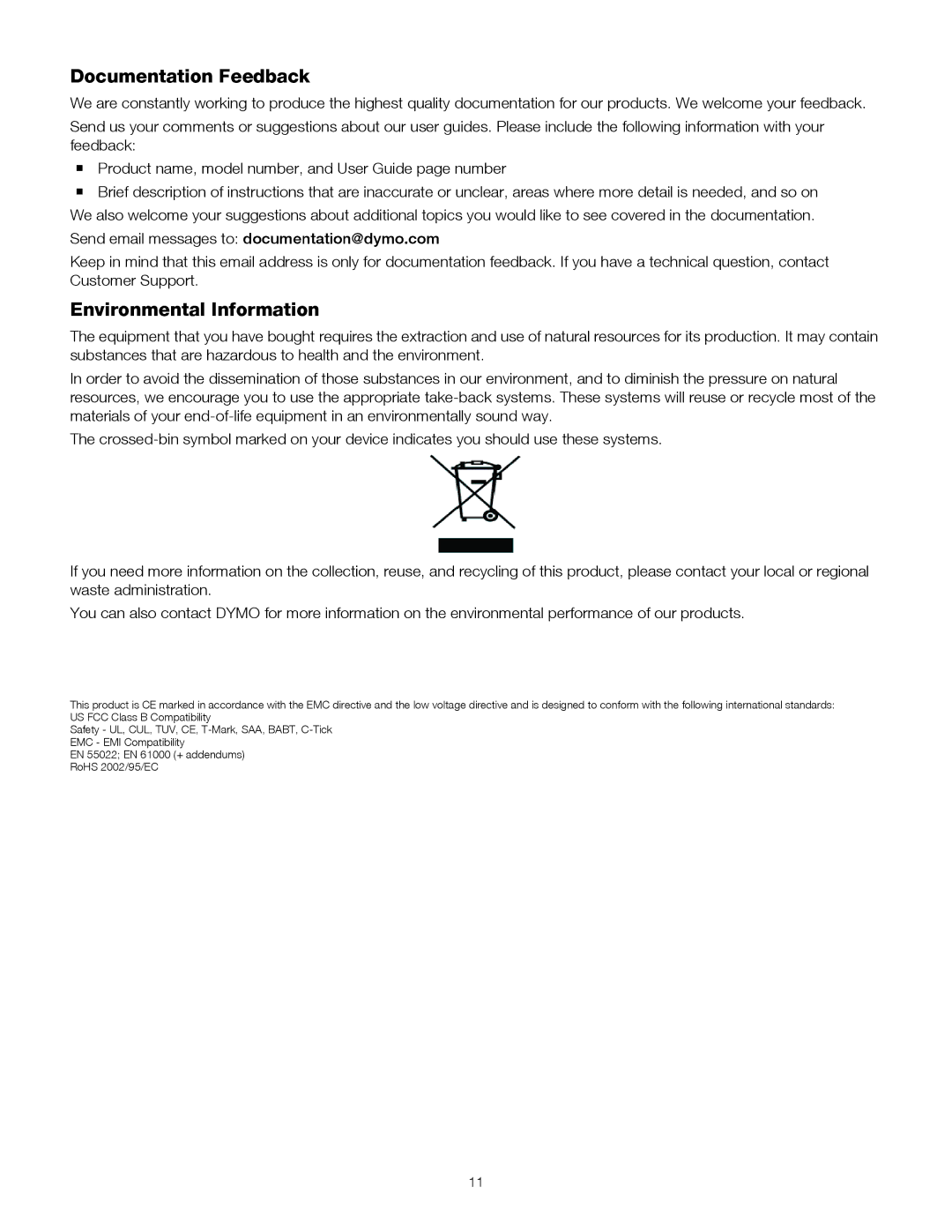 Dymo 160 manual Documentation Feedback, Environmental Information 