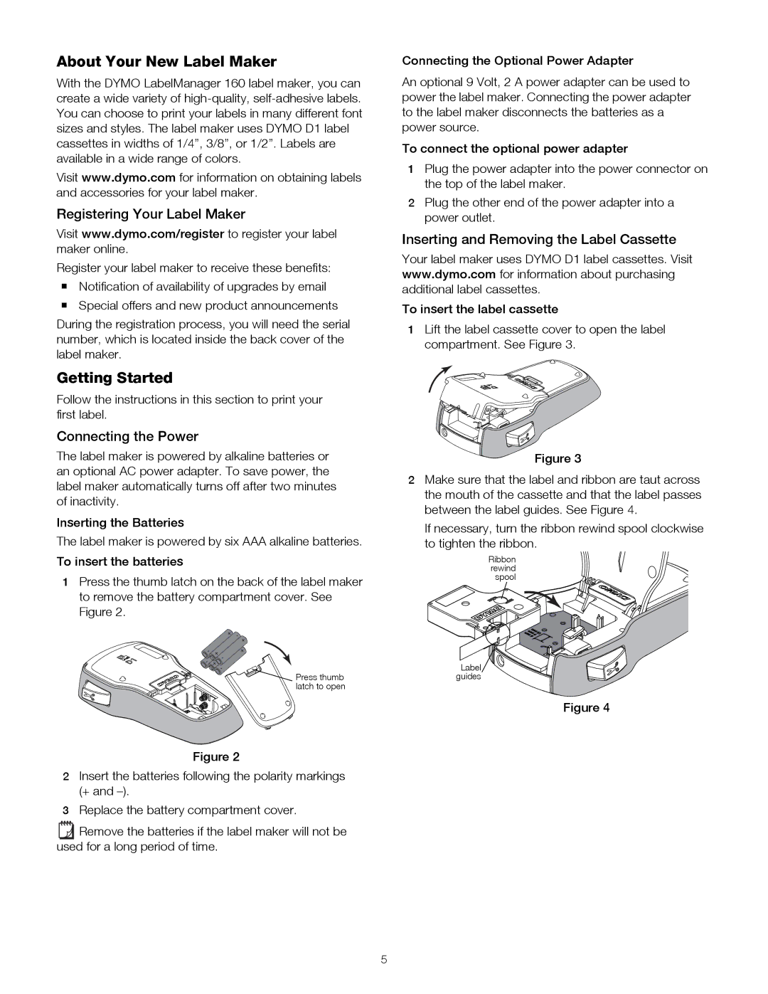 Dymo 160 manual About Your New Label Maker, Getting Started, Registering Your Label Maker, Connecting the Power 