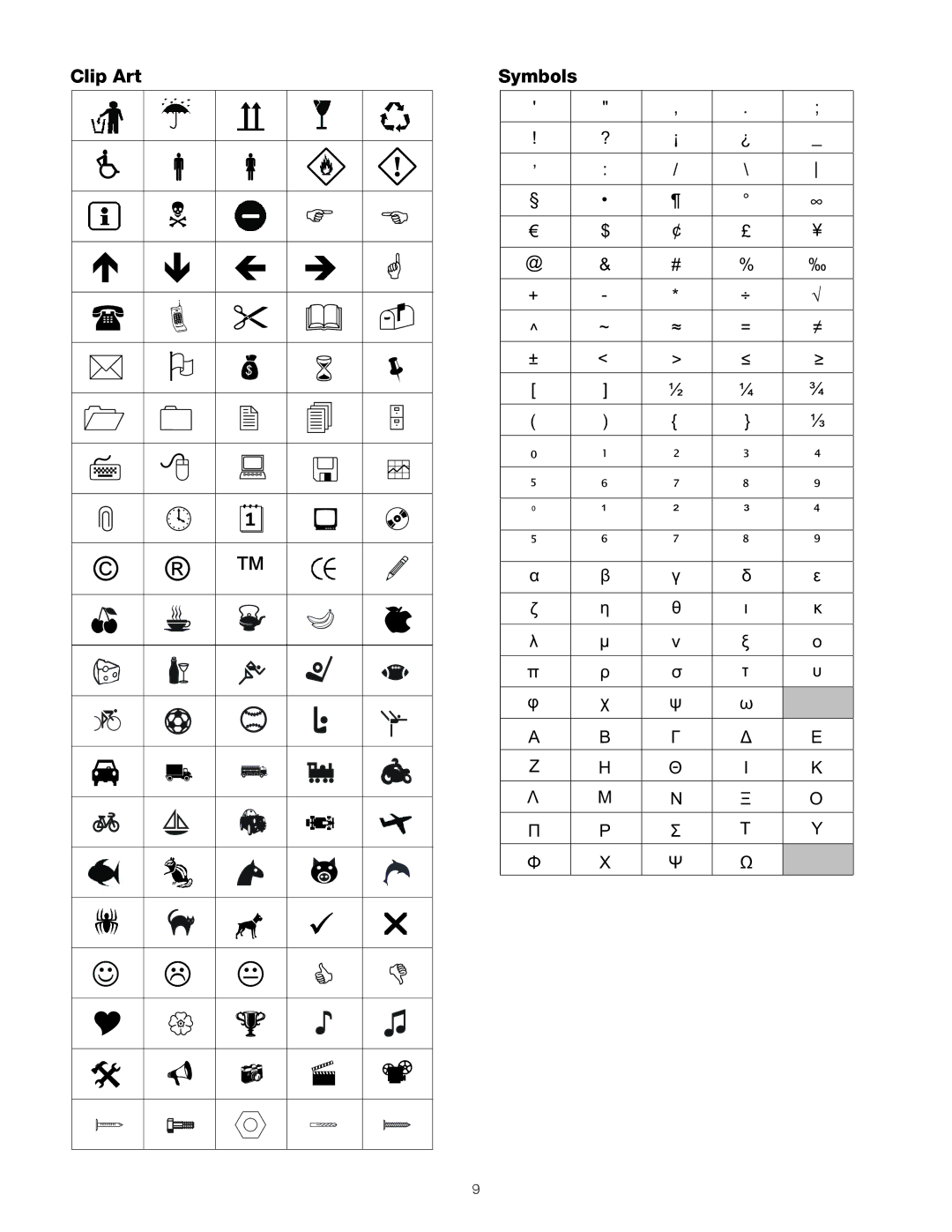 Dymo 160 manual Clip Art Symbols 