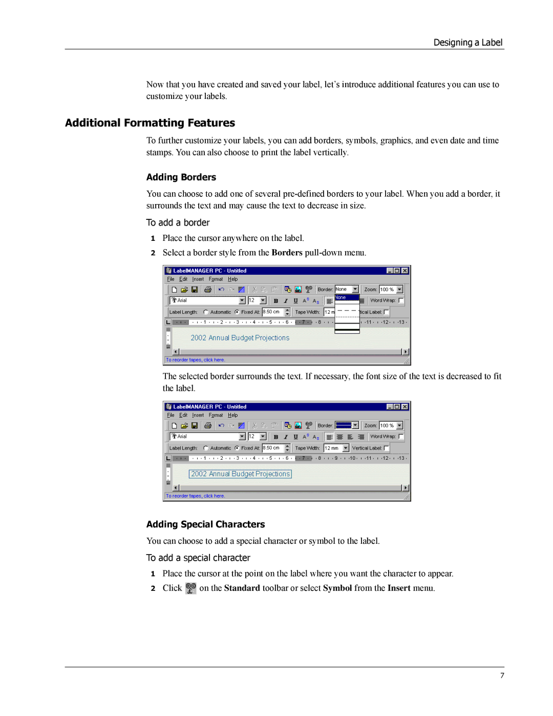 Dymo 18949 manual Adding Borders, Adding Special Characters 