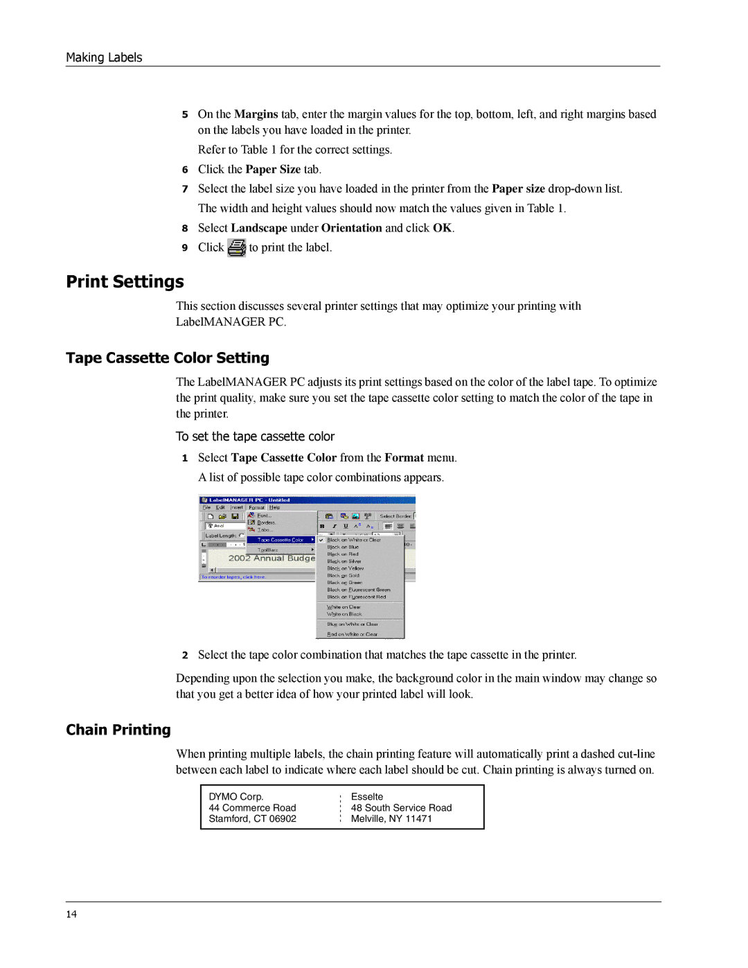 Dymo 18949 manual Print Settings, Tape Cassette Color Setting 