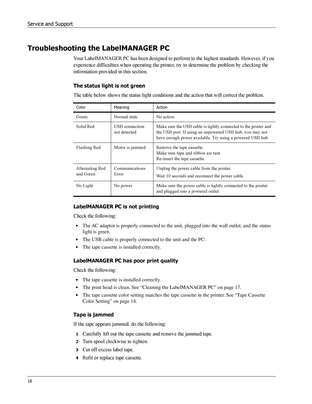 Dymo 18949 Troubleshooting the LabelMANAGER PC, Status light is not green, LabelMANAGER PC is not printing, Tape is jammed 