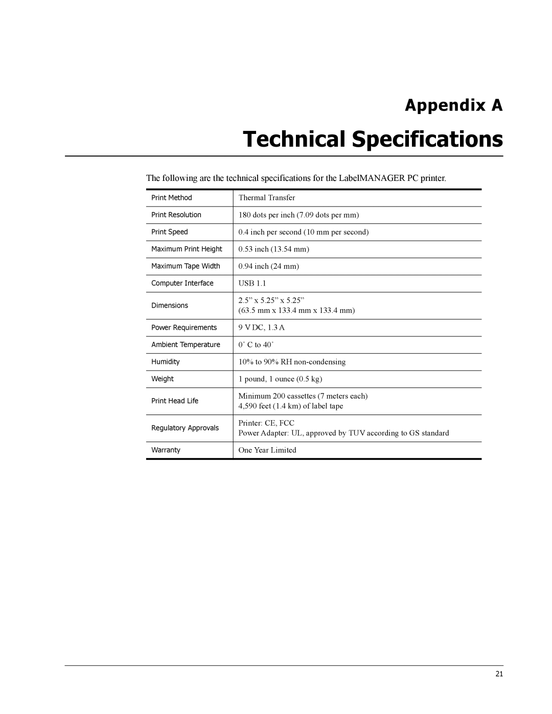 Dymo 18949 manual Technical Specifications 