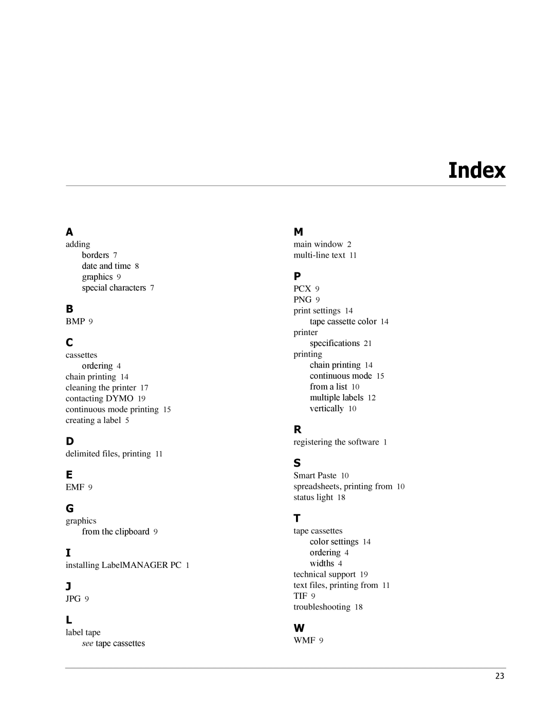 Dymo 18949 manual Index 