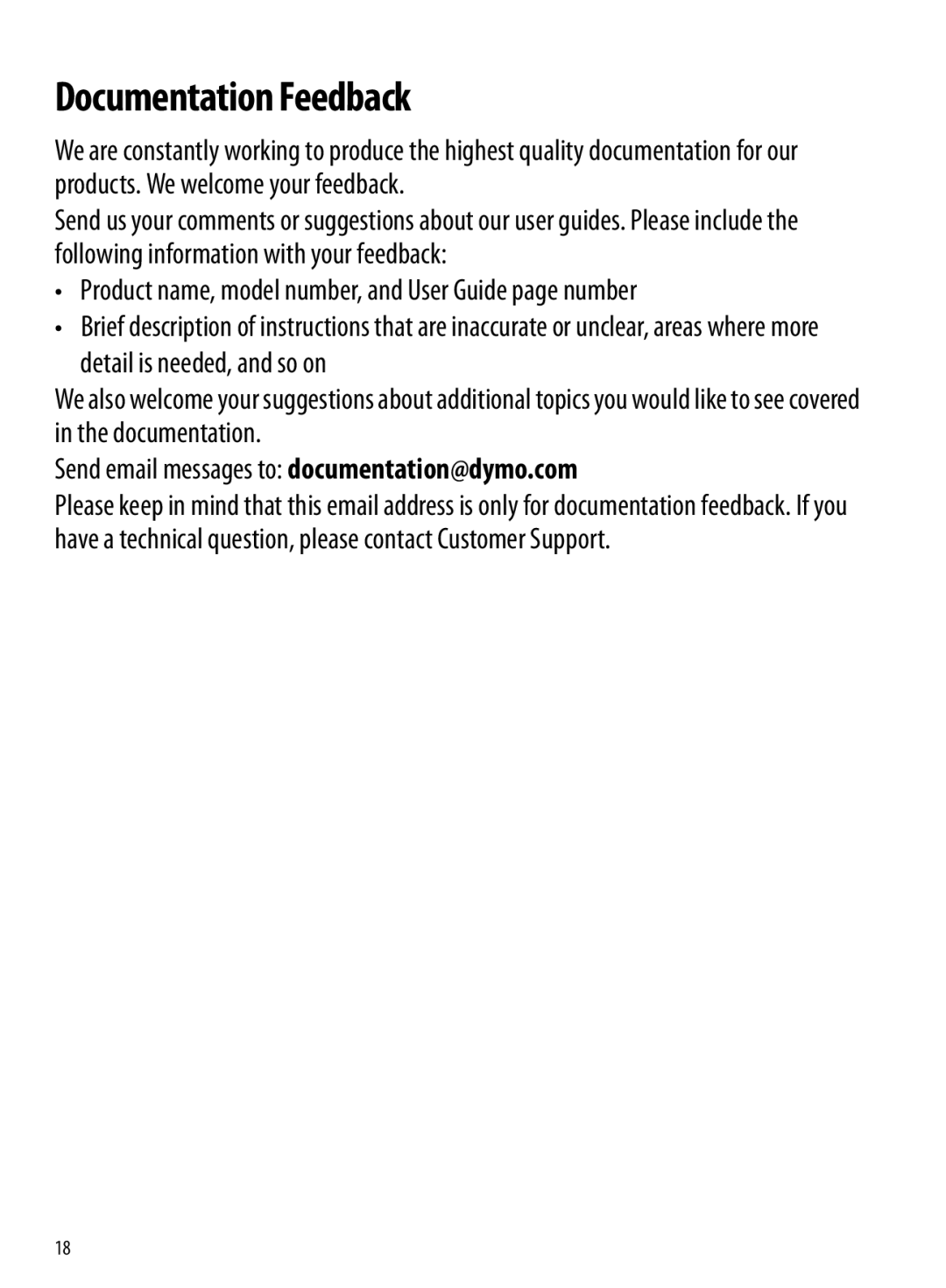 Dymo 210D manual Documentation Feedback 