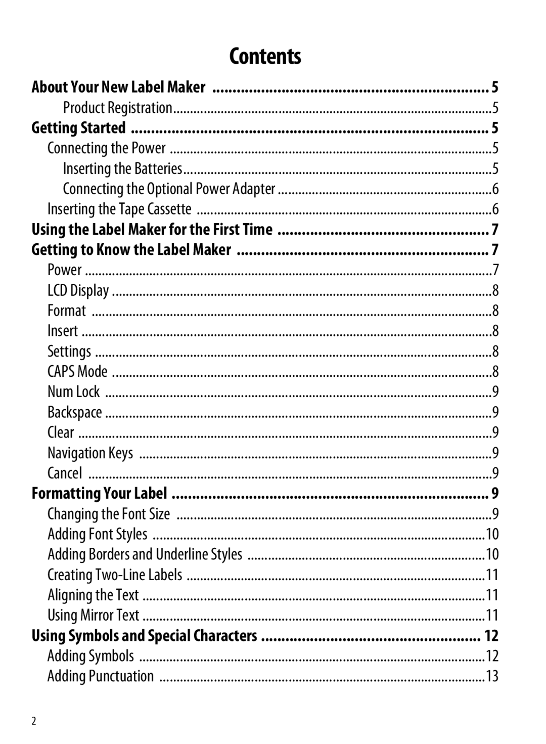 Dymo 210D manual Contents 