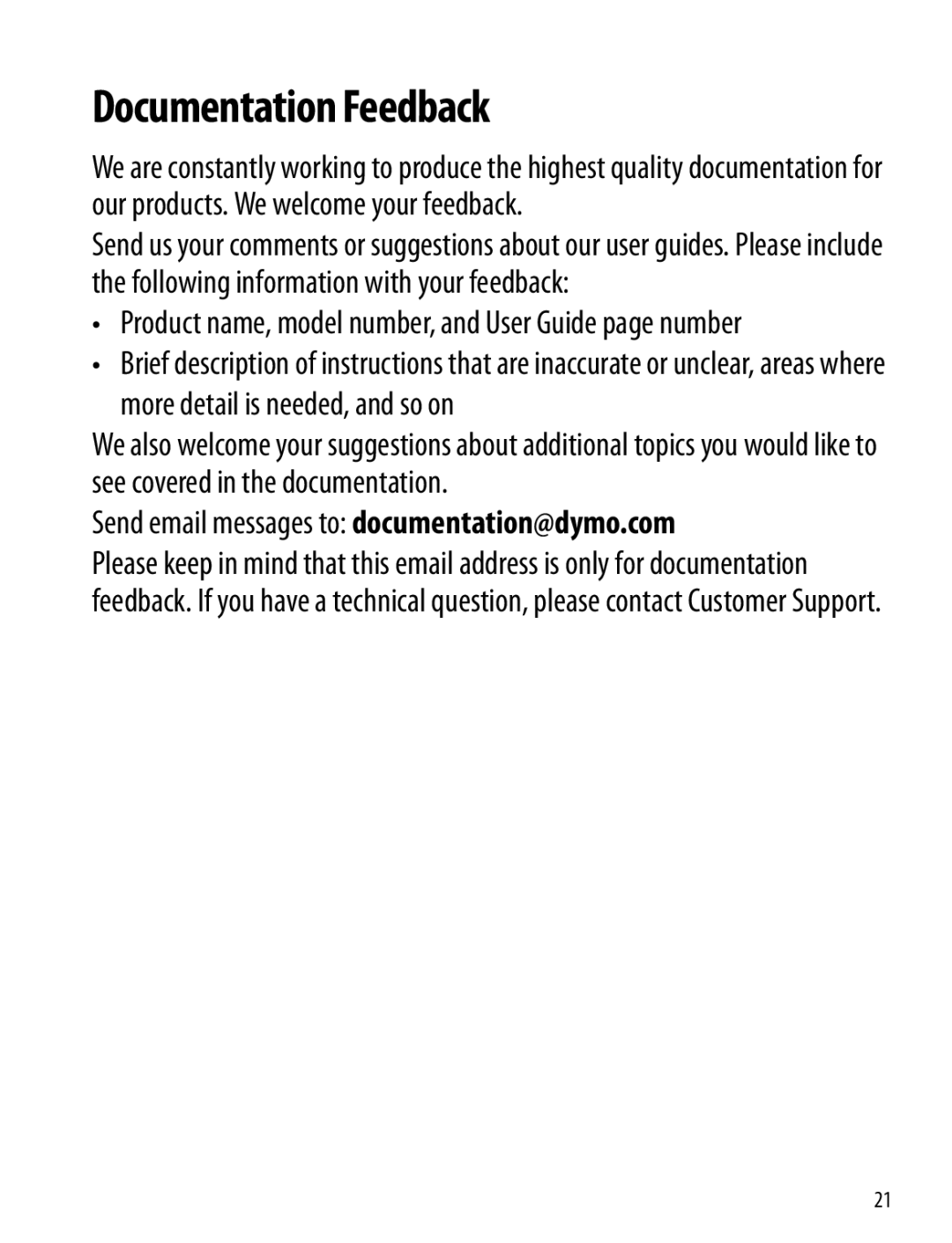 Dymo 220P manual Documentation Feedback, Send email messages to documentation@dymo.com 