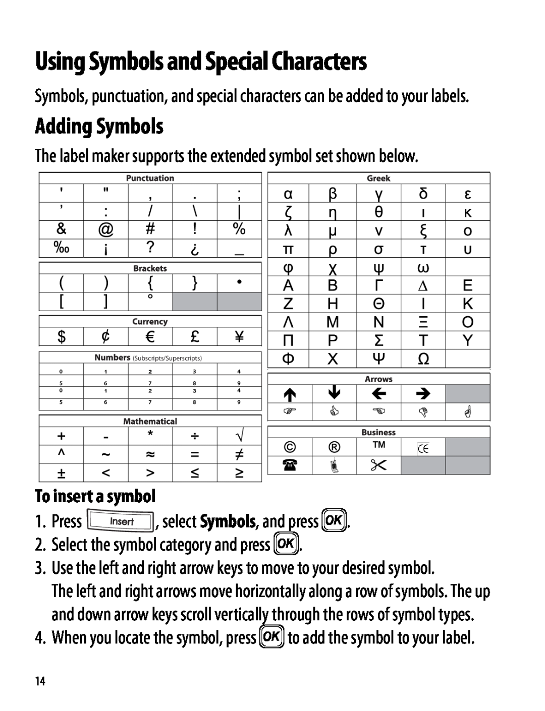 Dymo 220P manual Adding Symbols, To insert a symbol, Using Symbols and Special Characters, Subscripts/Superscripts 
