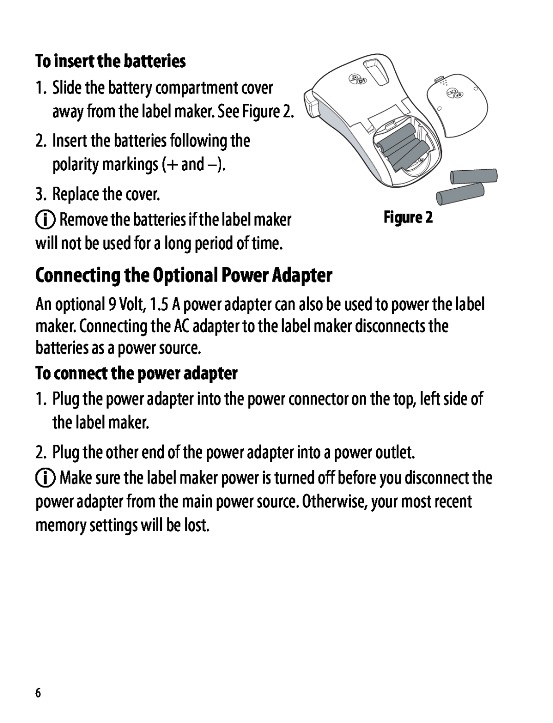 Dymo 220P manual Connecting the Optional Power Adapter, To insert the batteries, To connect the power adapter 