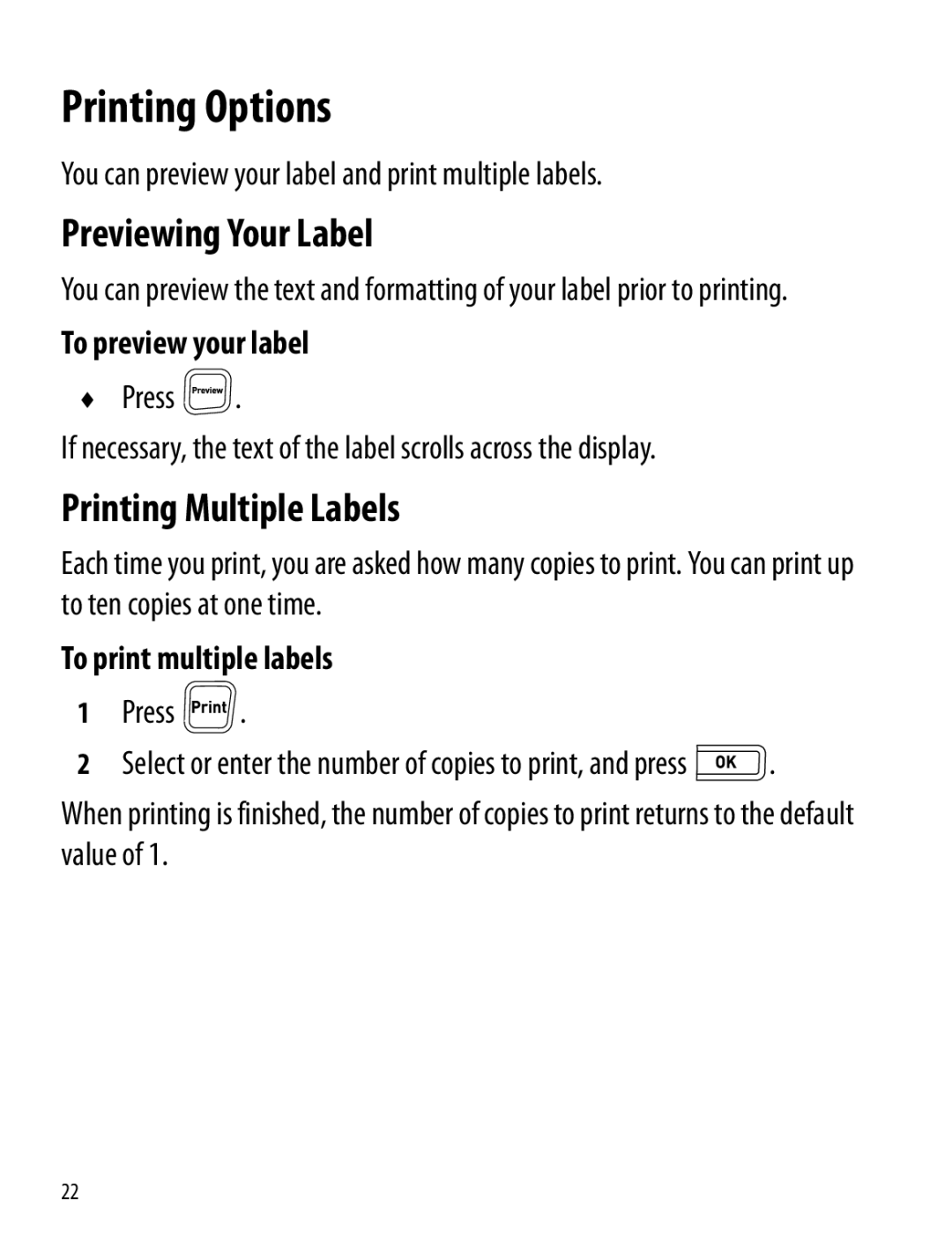 Dymo 260P manual Printing Options, Previewing Your Label, Printing Multiple Labels, To preview your label 