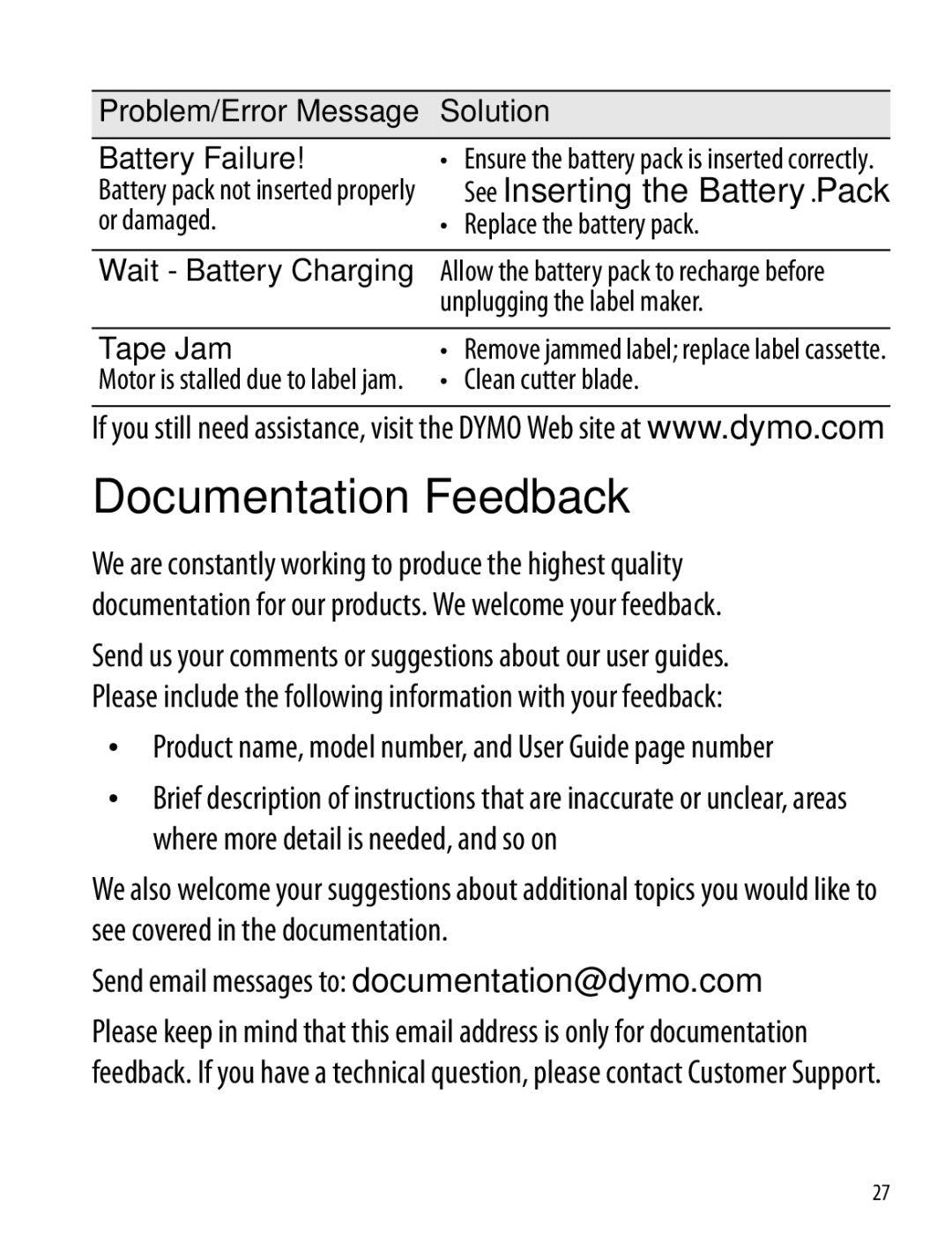 Dymo 260P manual Documentation Feedback, Send email messages to documentation@dymo.com 