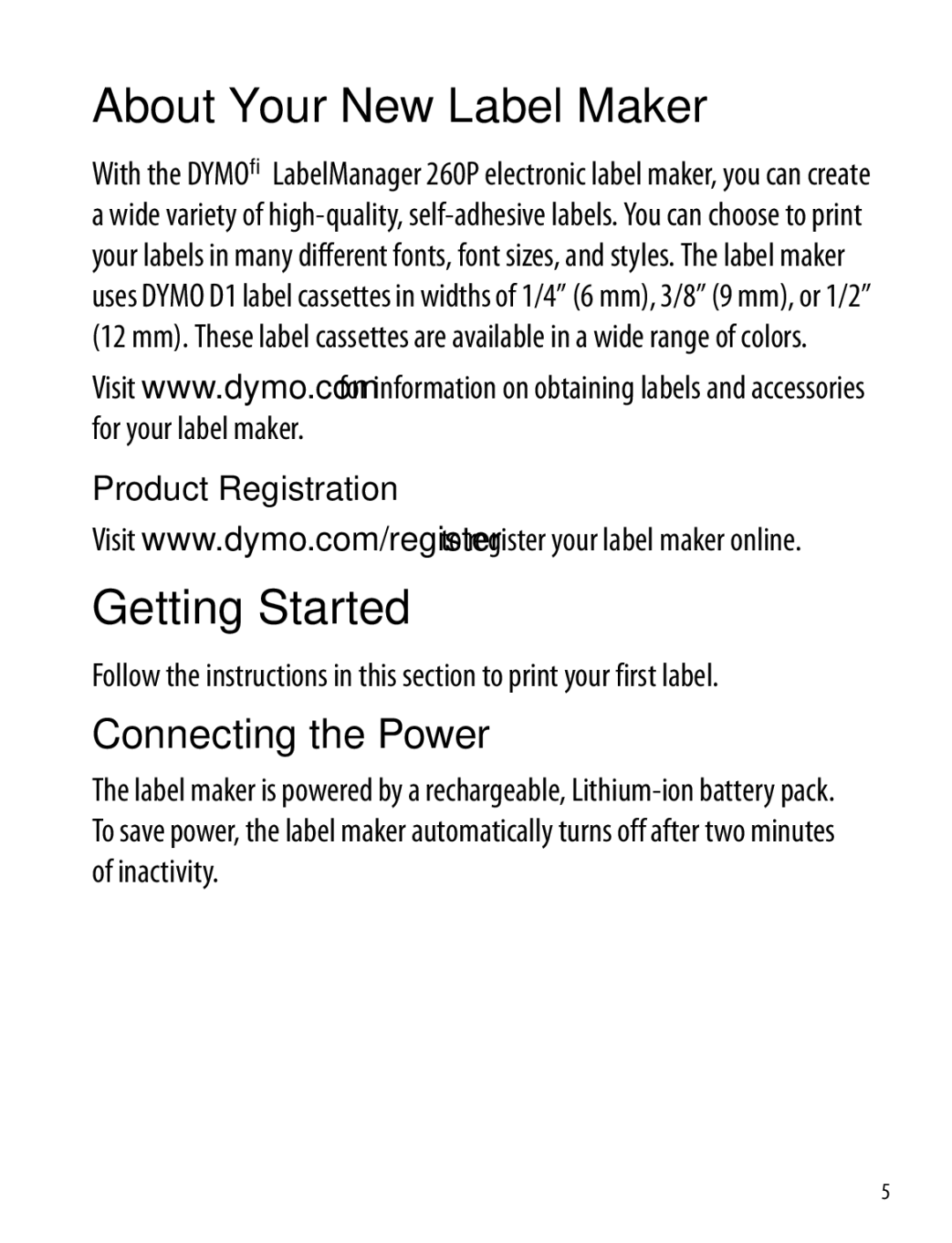 Dymo 260P manual About Your New Label Maker, Getting Started, Connecting the Power, Product Registration 