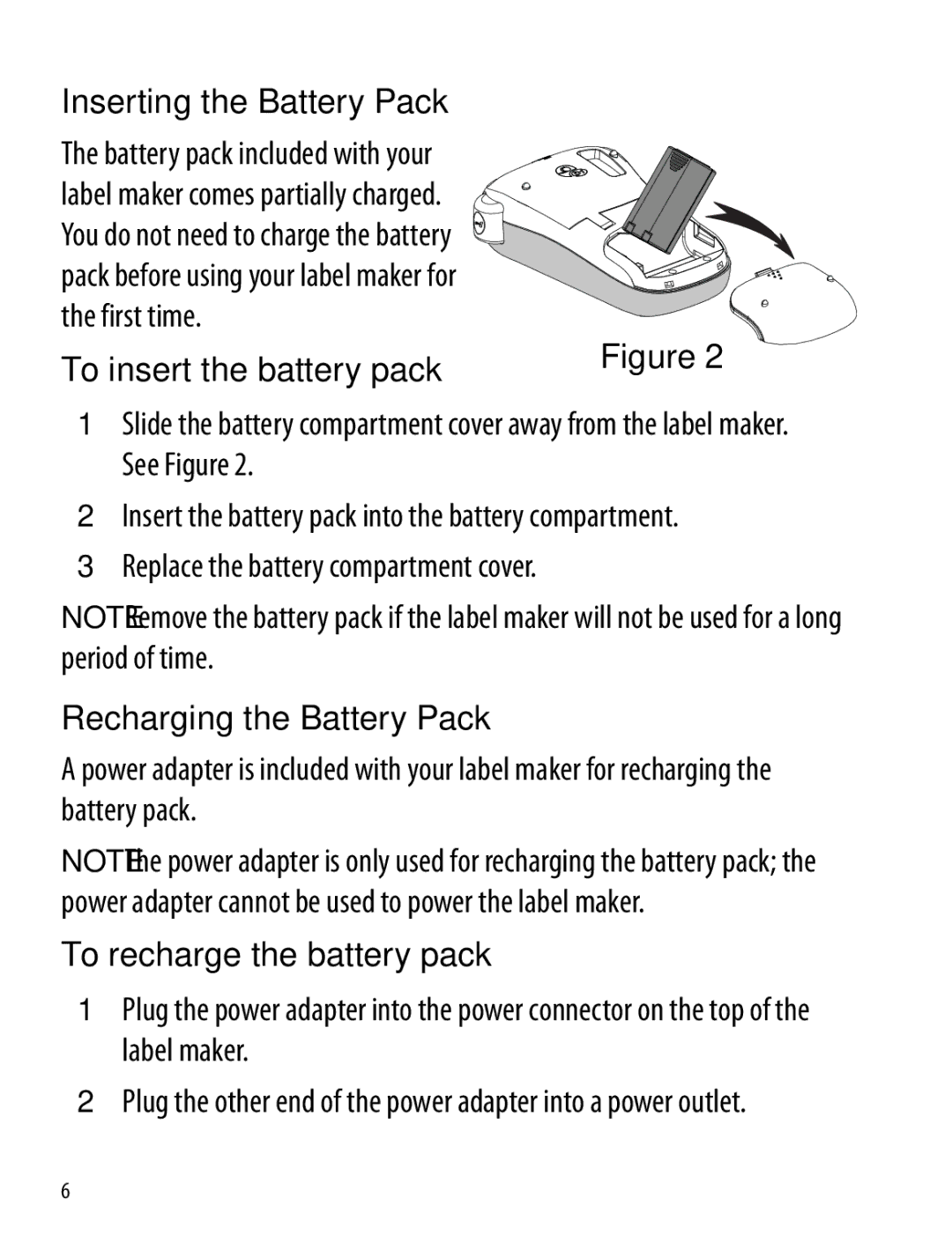 Dymo 260P manual Inserting the Battery Pack, To insert the battery pack, Recharging the Battery Pack 