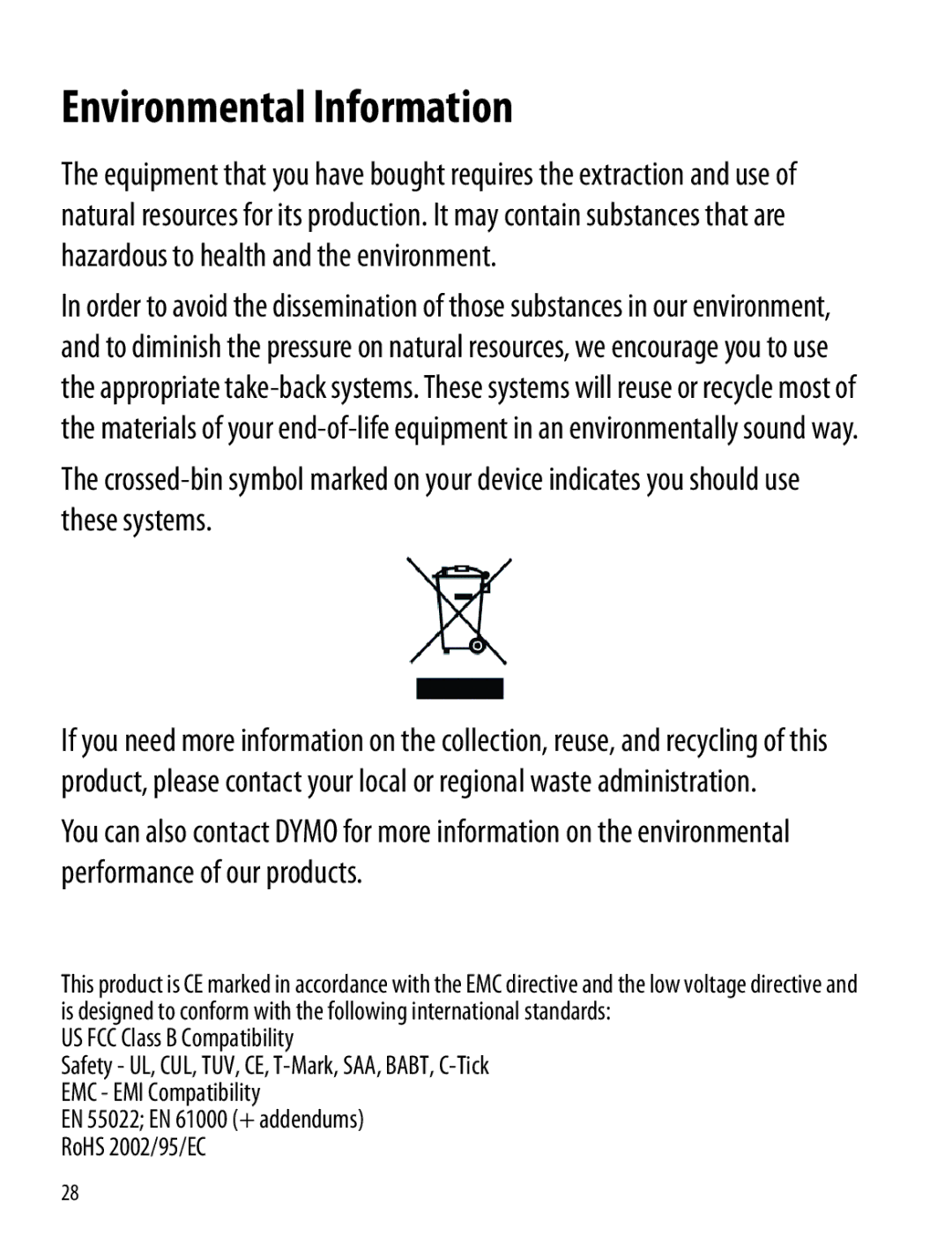 Dymo 260P manual Environmental Information, US FCC Class B Compatibility 