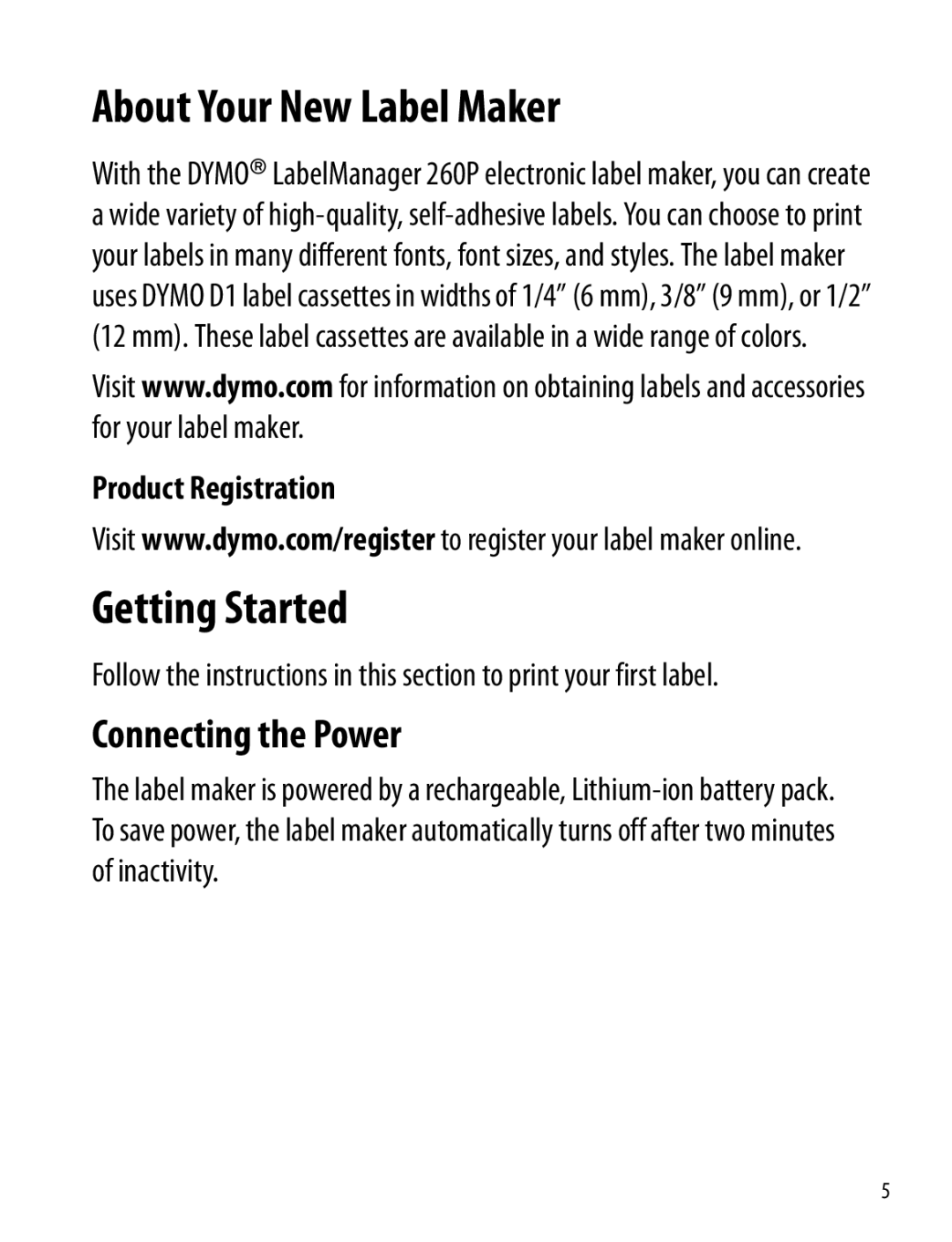 Dymo 260P manual About Your New Label Maker, Getting Started, Connecting the Power, Product Registration 