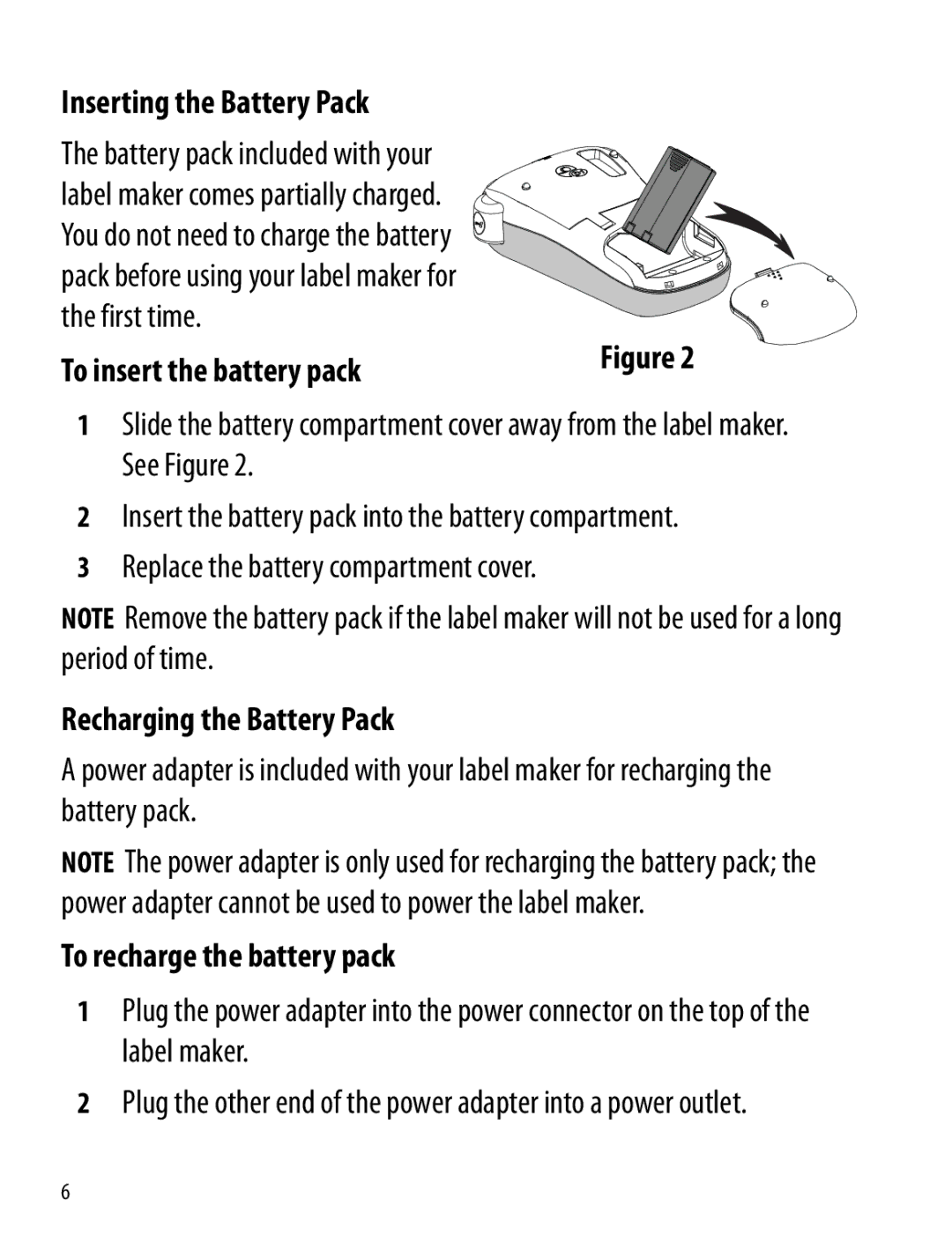 Dymo 260P manual Inserting the Battery Pack, To insert the battery pack, Recharging the Battery Pack 