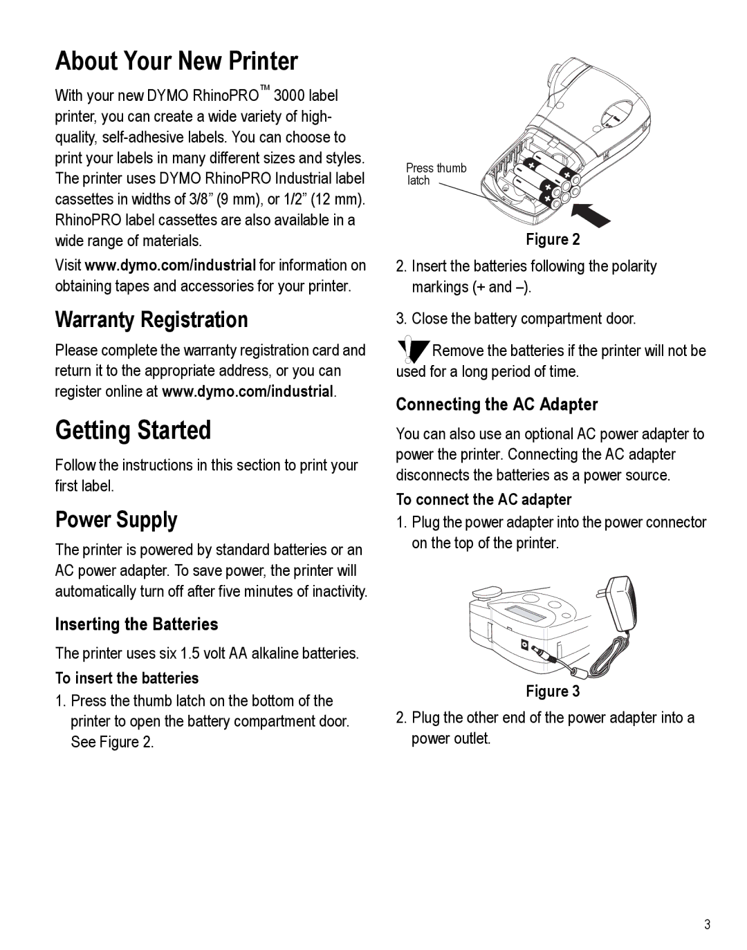 Dymo 3000 instruction manual About Your New Printer, Getting Started, Warranty Registration, Power Supply 