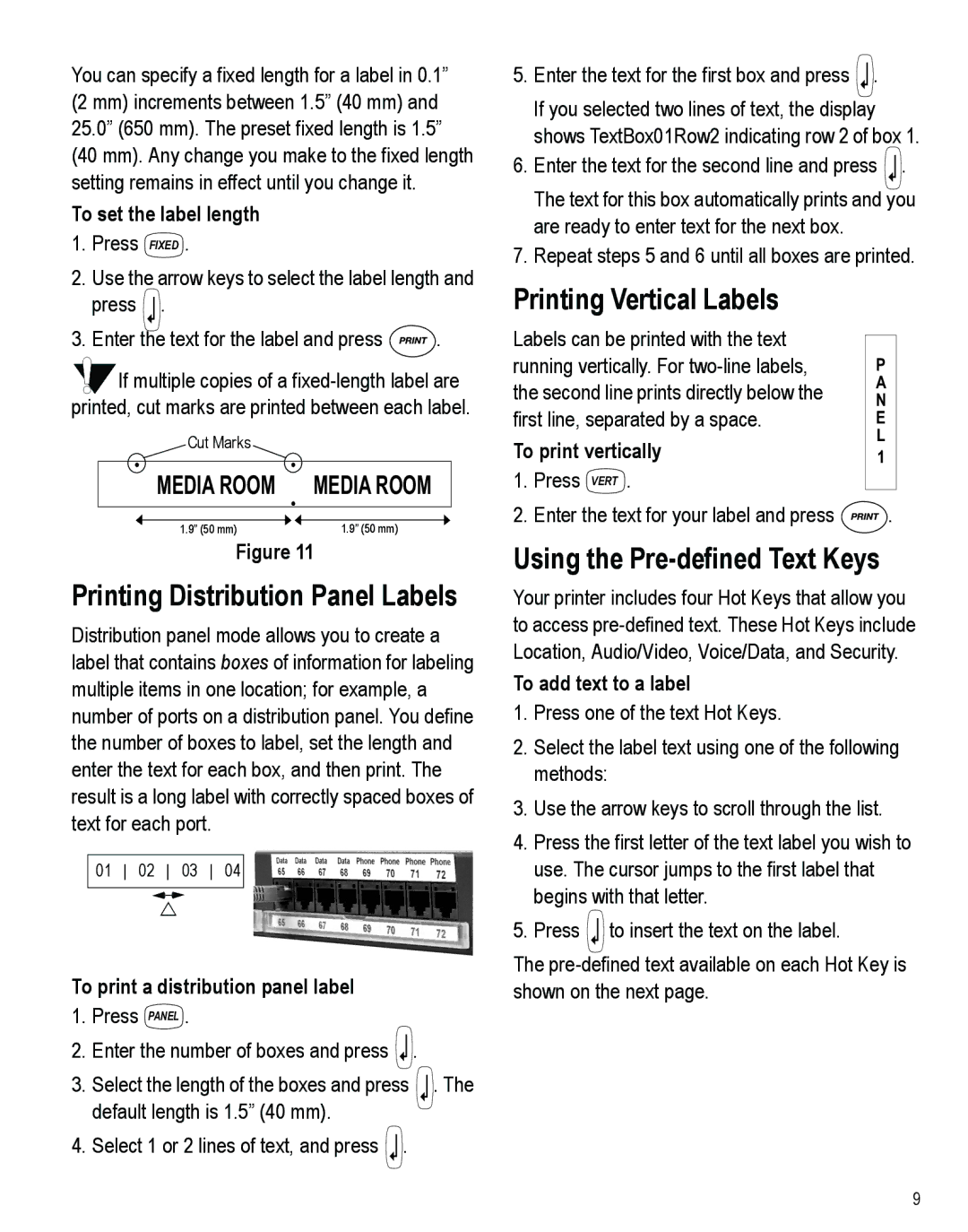 Dymo 3000 instruction manual Printing Distribution Panel Labels, Printing Vertical Labels, Using the Pre-defined Text Keys 