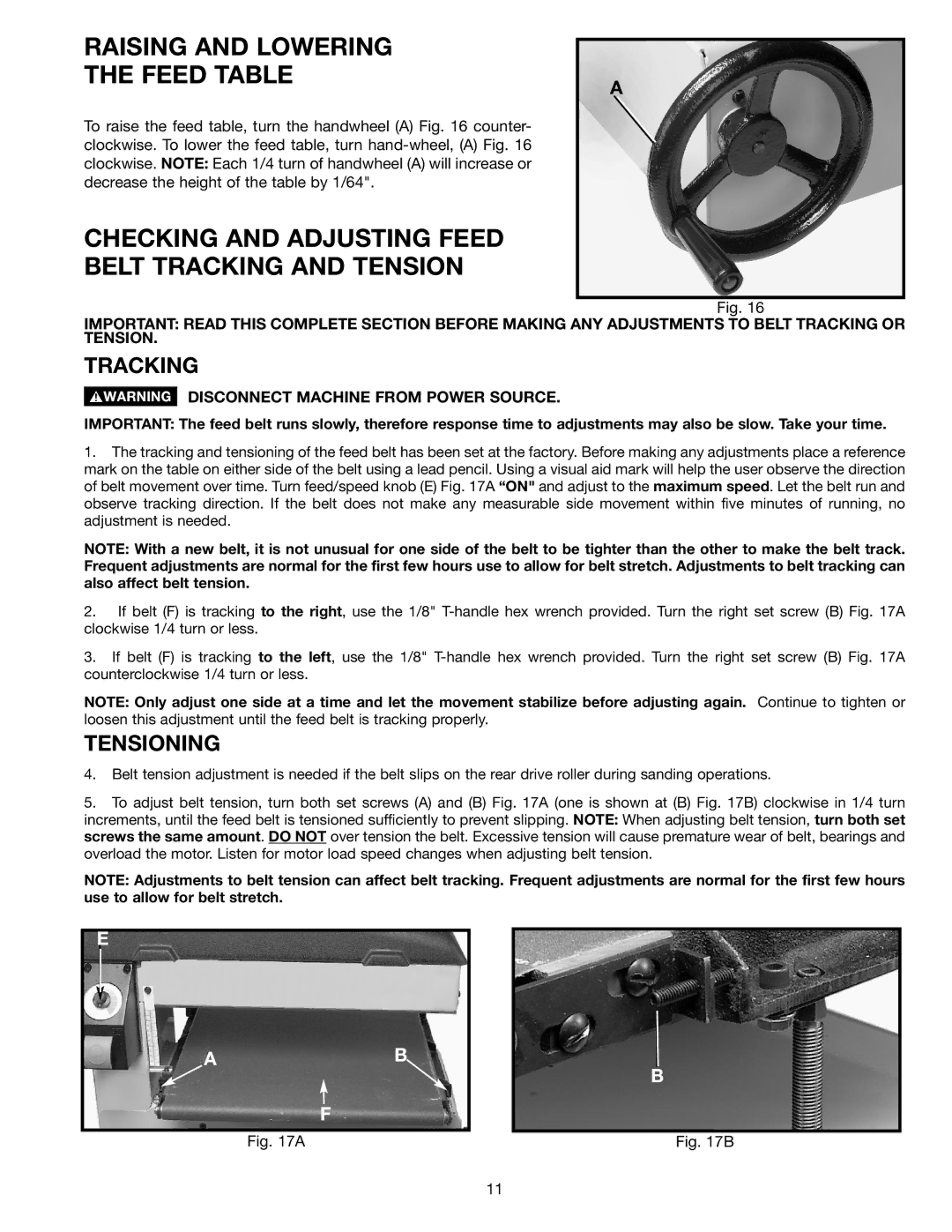 Dymo 31-250 Raising and Lowering Feed Table, Checking and Adjusting Feed Belt Tracking and Tension, Tensioning 