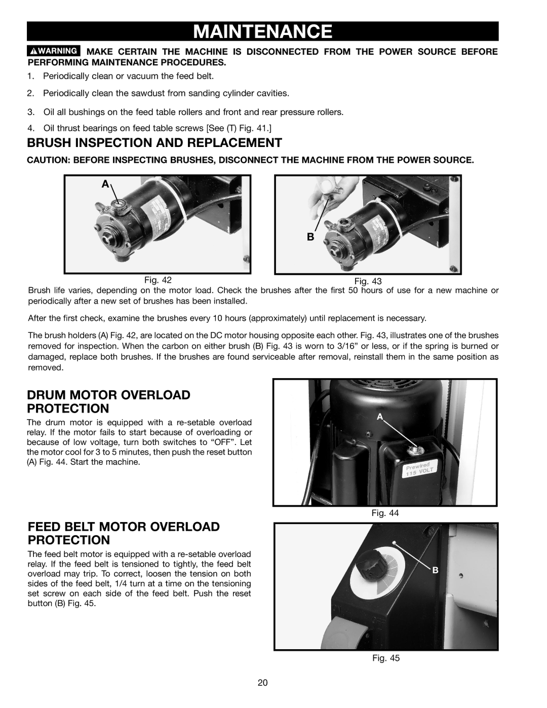 Dymo 31-250 instruction manual Maintenance, Brush Inspection and Replacement, Drum Motor Overload Protection 