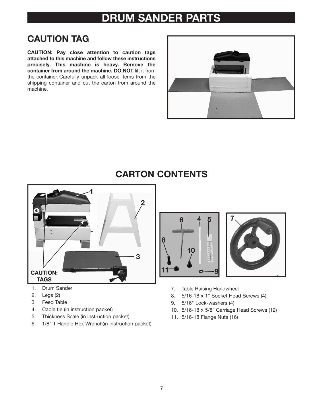 Dymo 31-250 instruction manual Drum Sander Parts, Carton Contents 