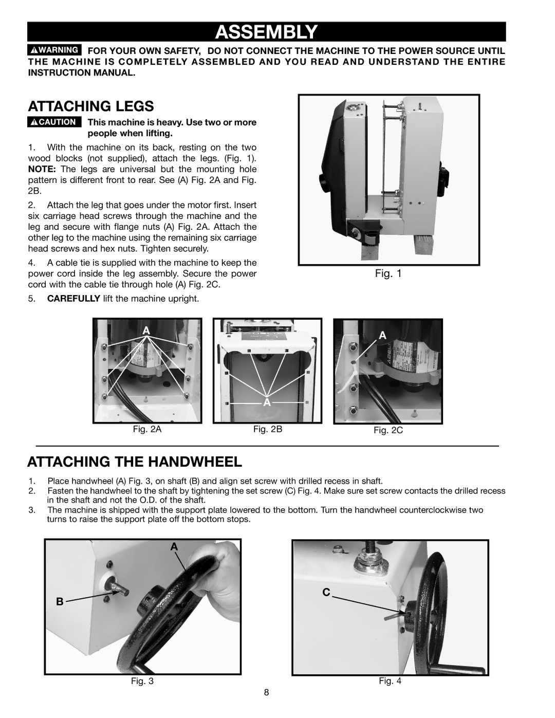 Dymo 31-250 instruction manual Assembly, Attaching Legs, Attaching the Handwheel 