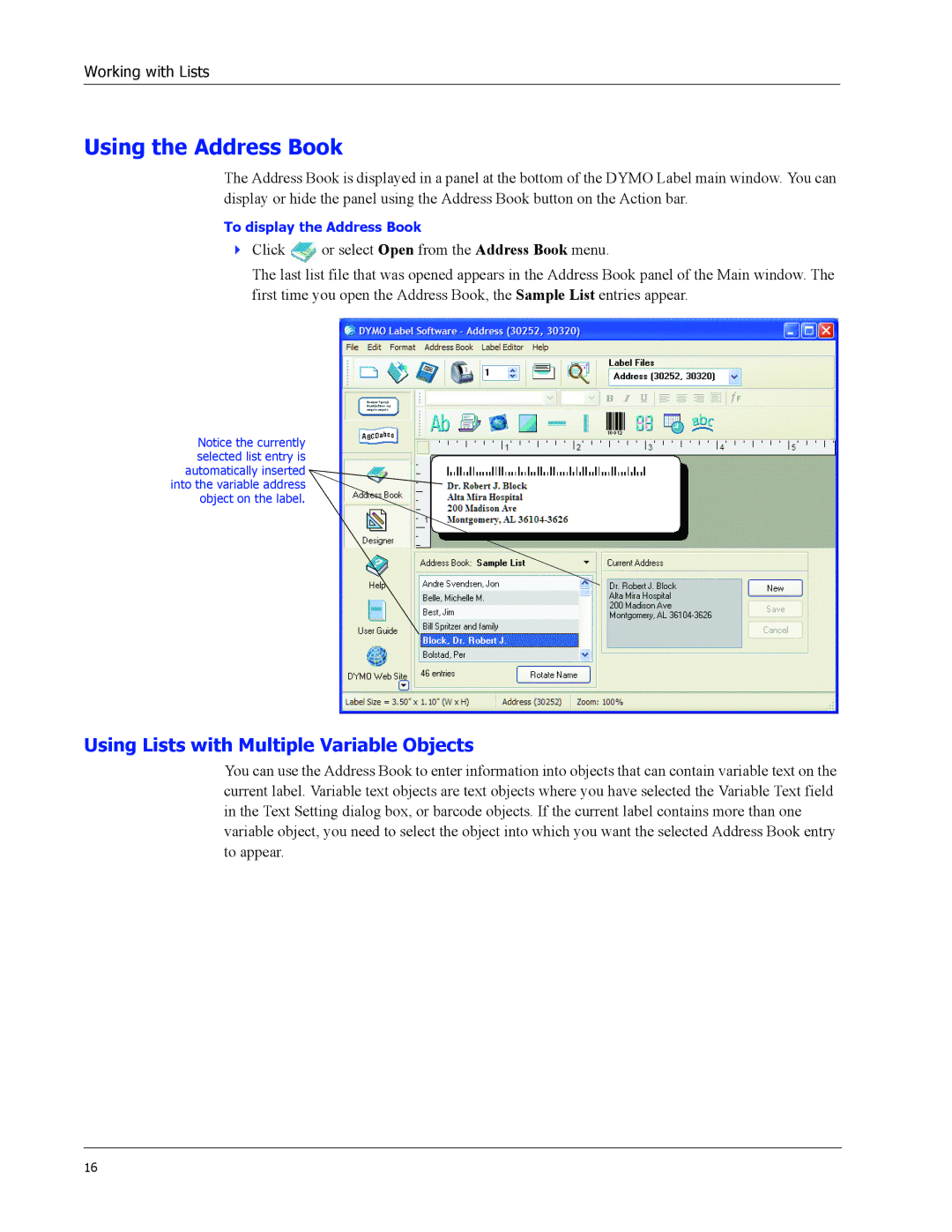 Dymo 300, 330 Turbo, 310, Duo, 400 Turbo, 320 manual Using the Address Book, Using Lists with Multiple Variable Objects 