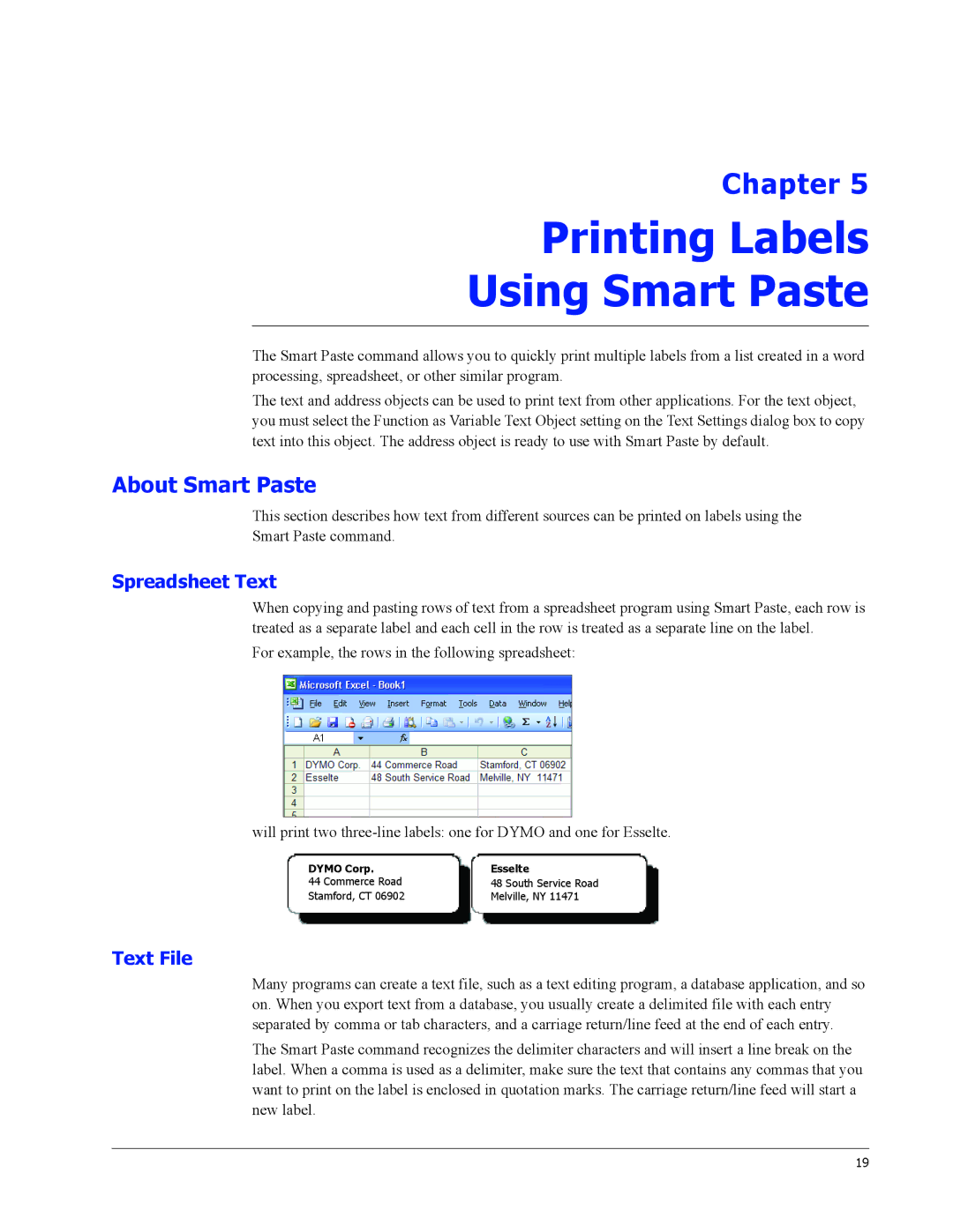 Dymo 330 Turbo, 310, 300, 400, Duo, 320 Printing Labels Using Smart Paste, About Smart Paste, Spreadsheet Text, Text File 