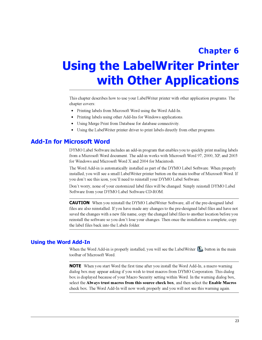 Dymo 330 Turbo Using the LabelWriter Printer with Other Applications, Add-In for Microsoft Word, Using the Word Add-In 