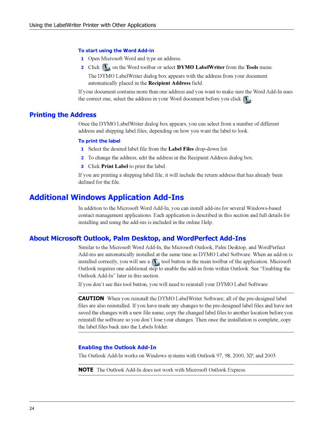 Dymo 310, 330 Turbo, 300, 400, Duo Additional Windows Application Add-Ins, Printing the Address, Enabling the Outlook Add-In 