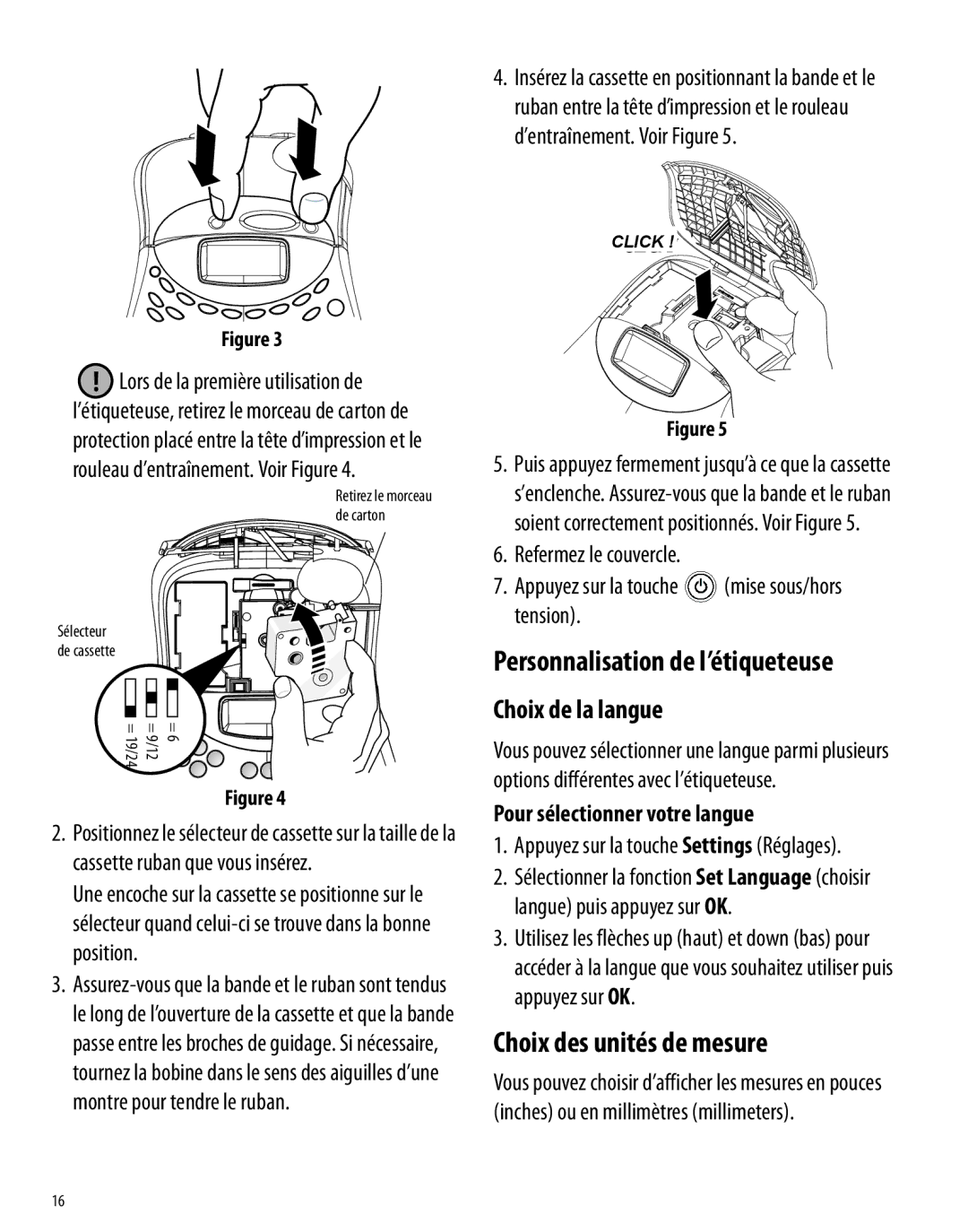 Dymo 350 Personnalisation de l’étiqueteuse, Choix des unités de mesure, Choix de la langue, Pour sélectionner votre langue 