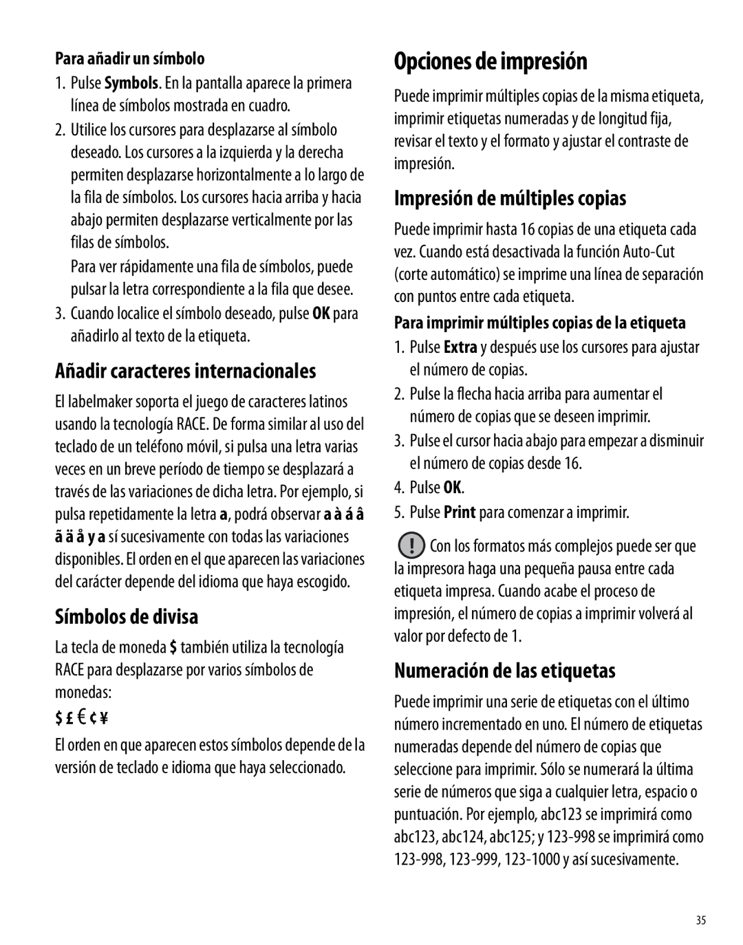 Dymo 350 manual Opciones de impresión, Símbolos de divisa, Impresión de múltiples copias, Numeración de las etiquetas 