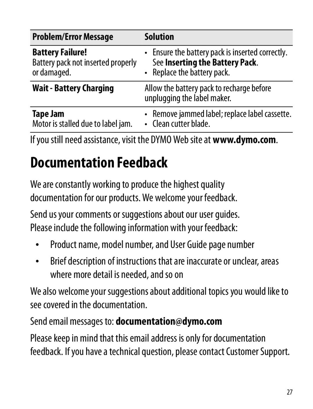 Dymo 360D manual Documentation Feedback, Send email messages to documentation@dymo.com 