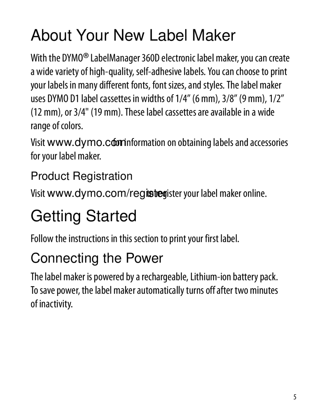 Dymo 360D manual About Your New Label Maker, Getting Started, Connecting the Power, Product Registration 